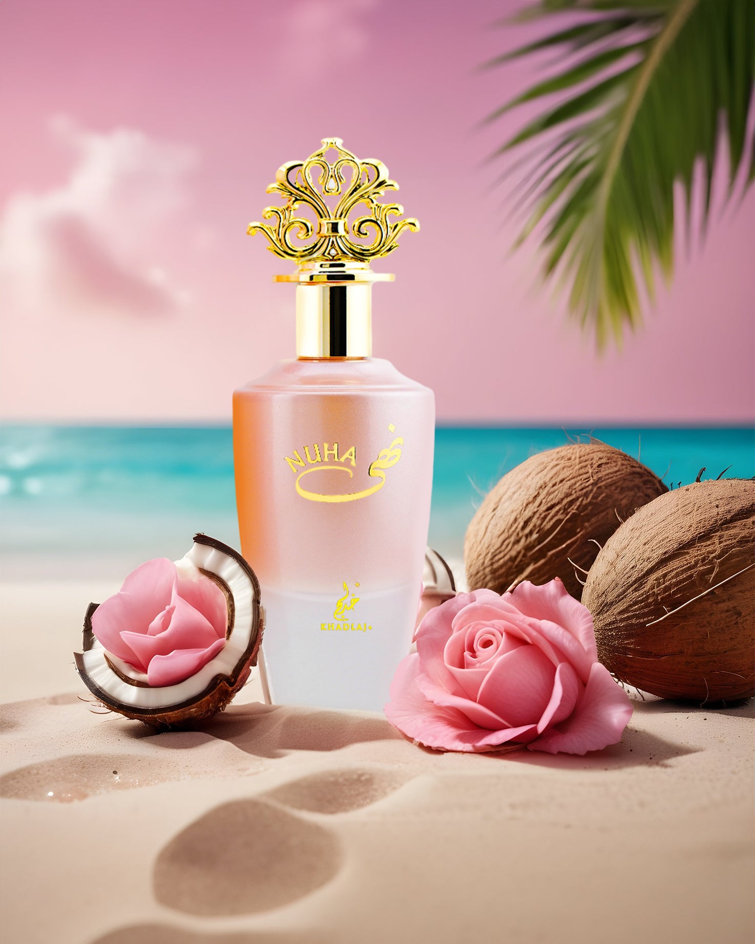 Nuha eau de parfum perfume bottle photograph at beach besides roses