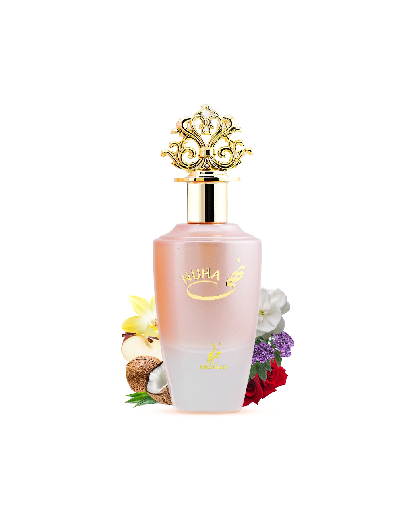 Nuha eau de parfum perfume bottle surrounded by coconut rose against white background