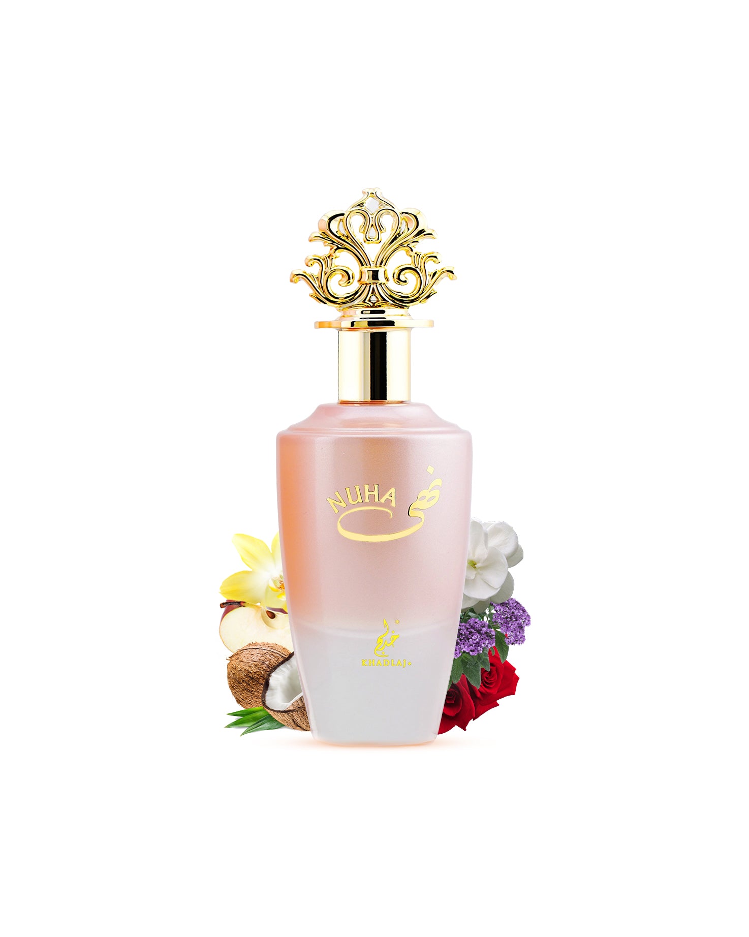 Nuha eau de parfum perfume bottle surrounded by coconut rose against white background
