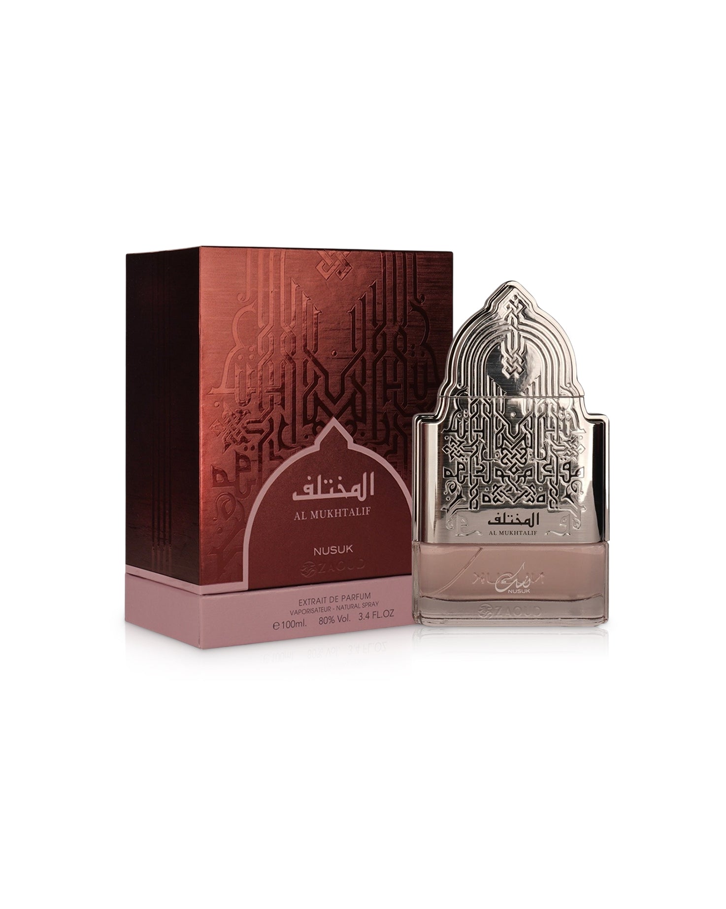 nusuk al mukhtalif perfume bottle shows beside its box against white background