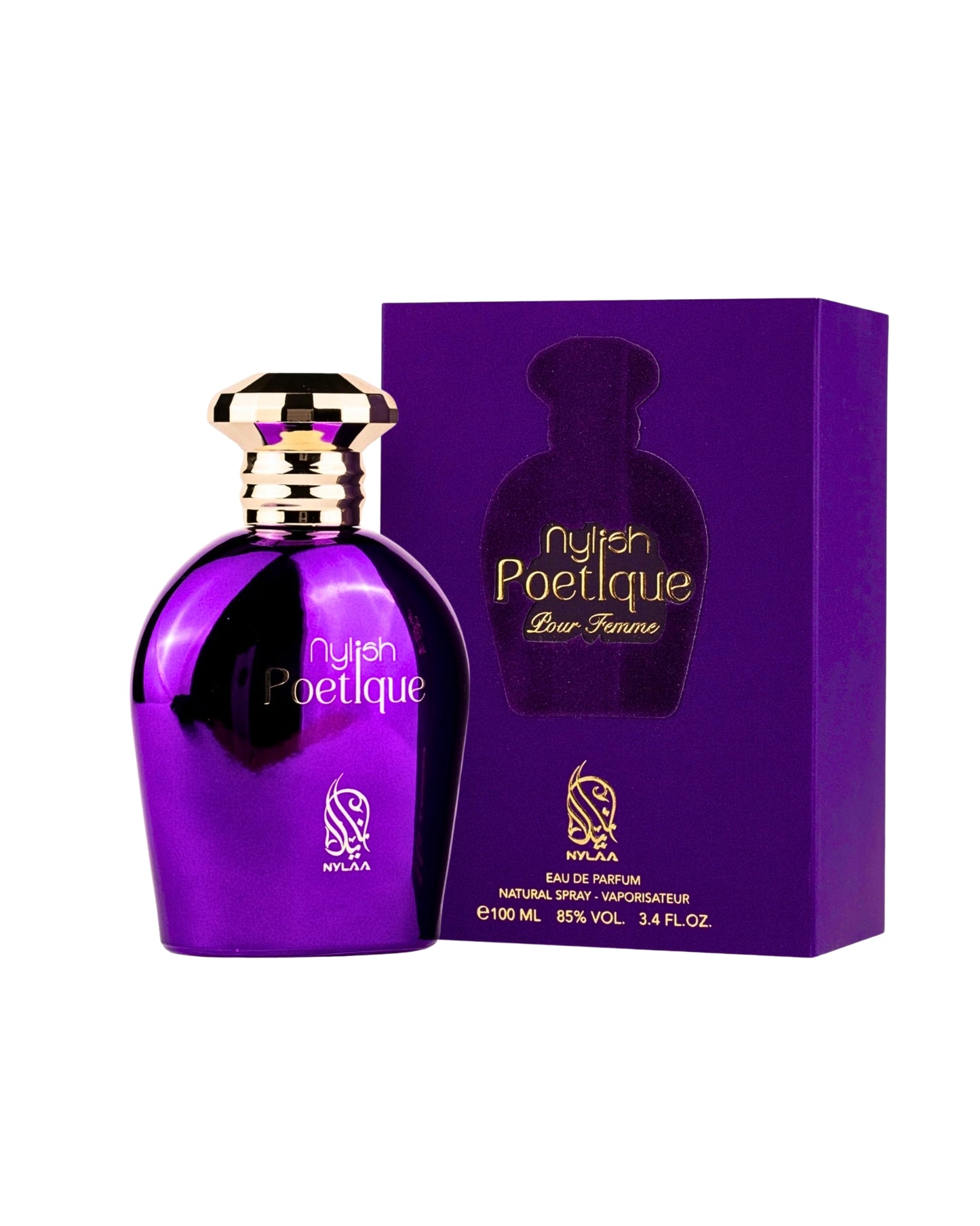 Nylish poetique edp perfume bottle and box against white background