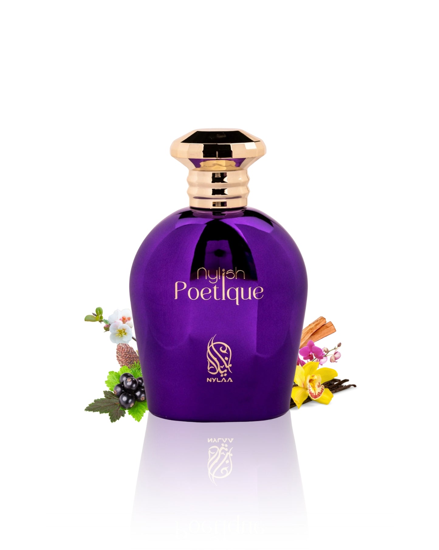 Nylish poetique edp perfume bottle surrounded by vanilla blackcurraant against white background