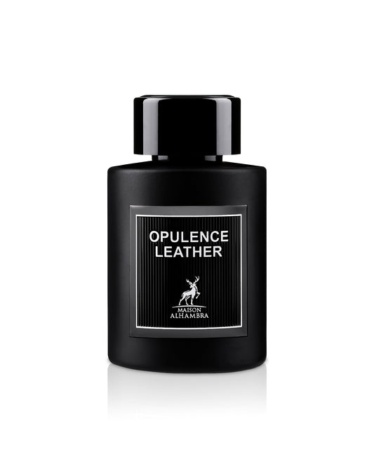 opulence leather perfume bottle shows against white background