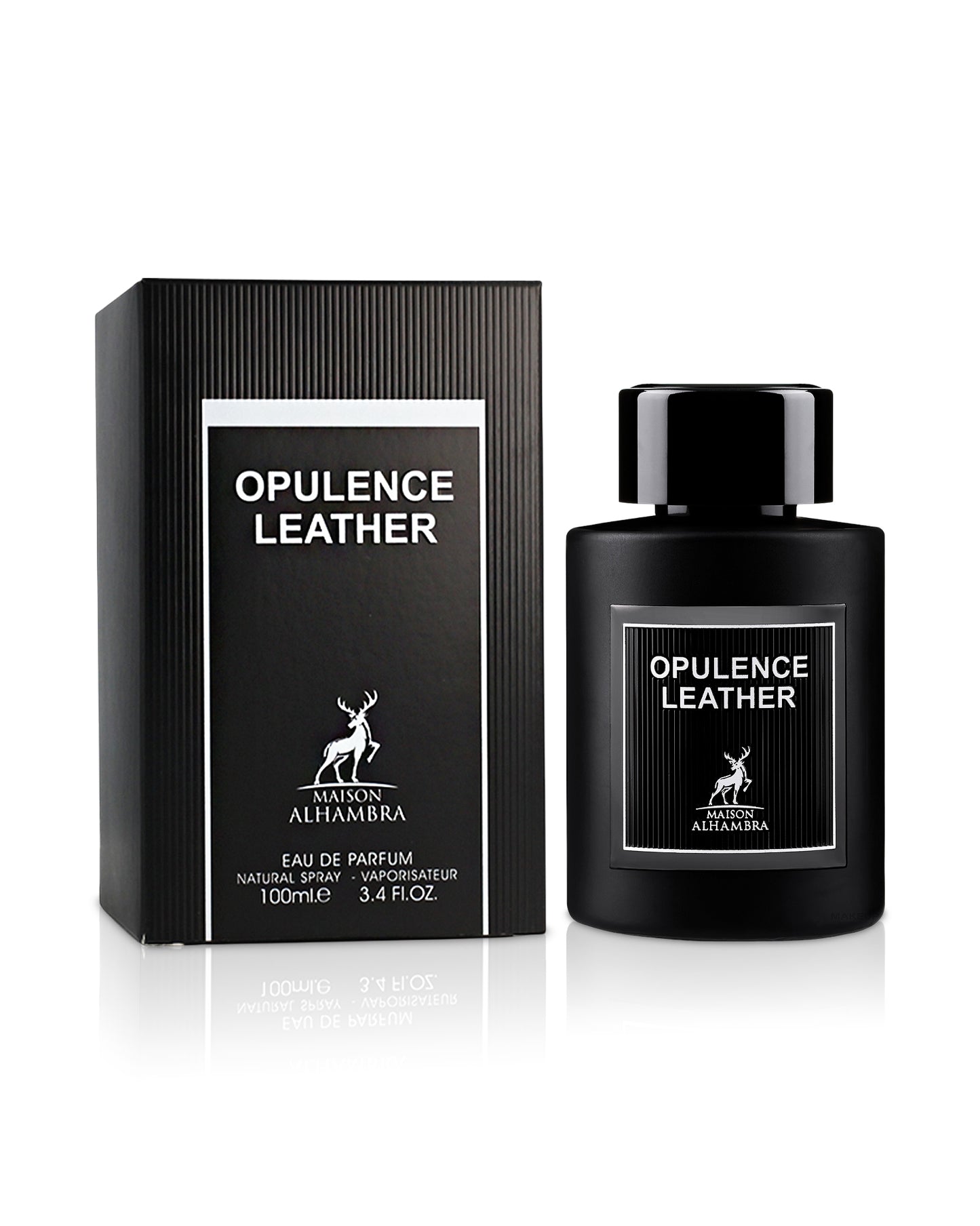 opulence leather perfume bottle shows beside its box against white background