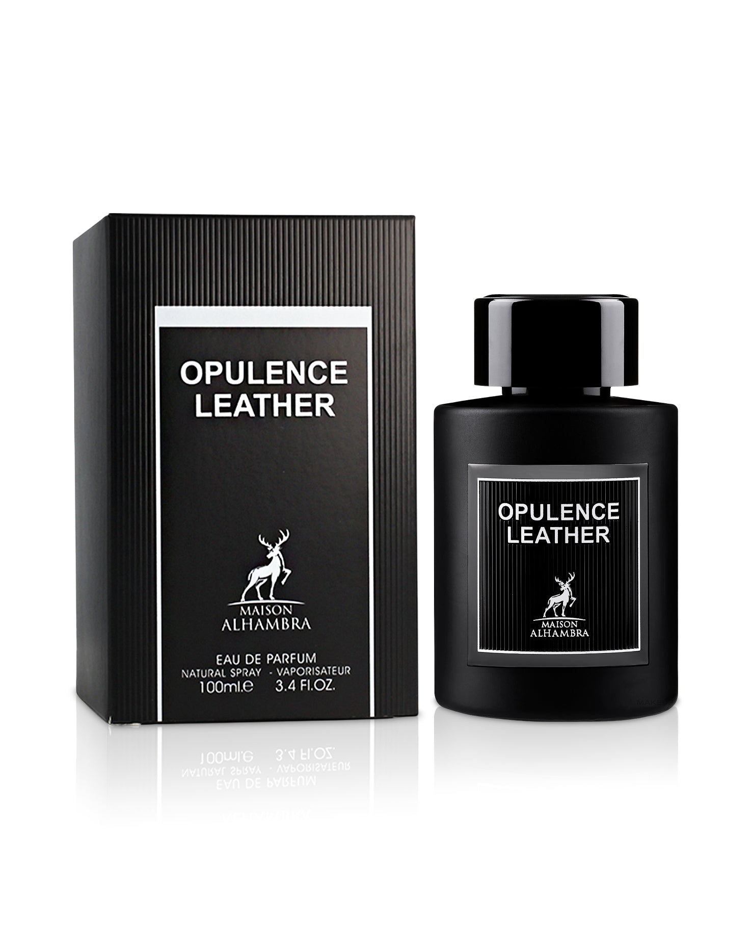 opulence leather perfume bottle shows beside its box against white background