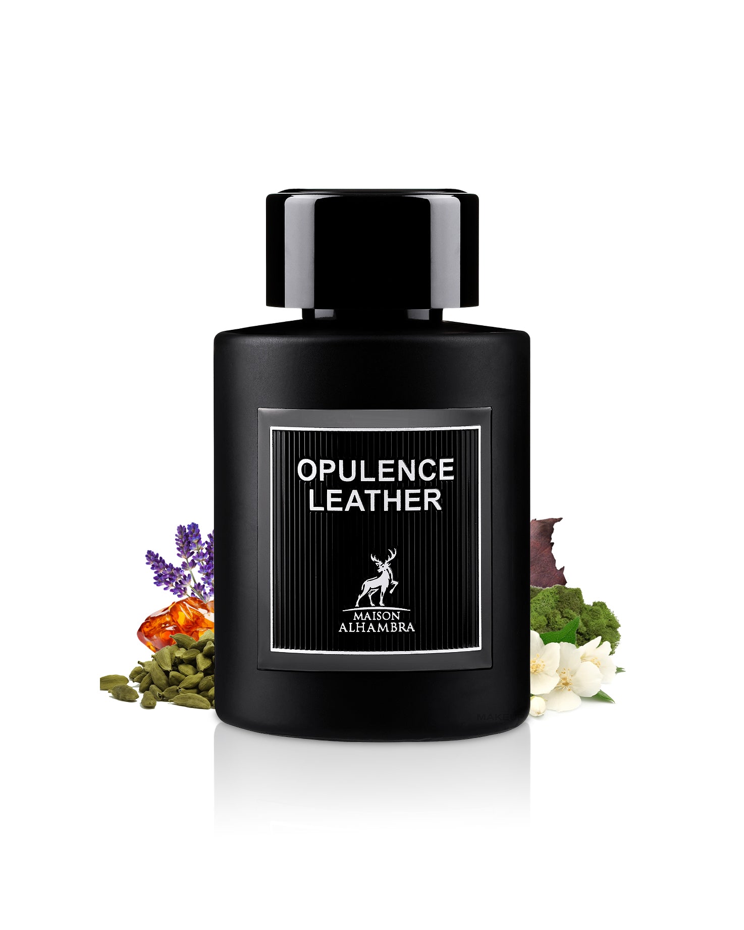 opulence leather perfume bottle surrounded with fragrance notes like amber and cardamom shows from behind the bottle against white background