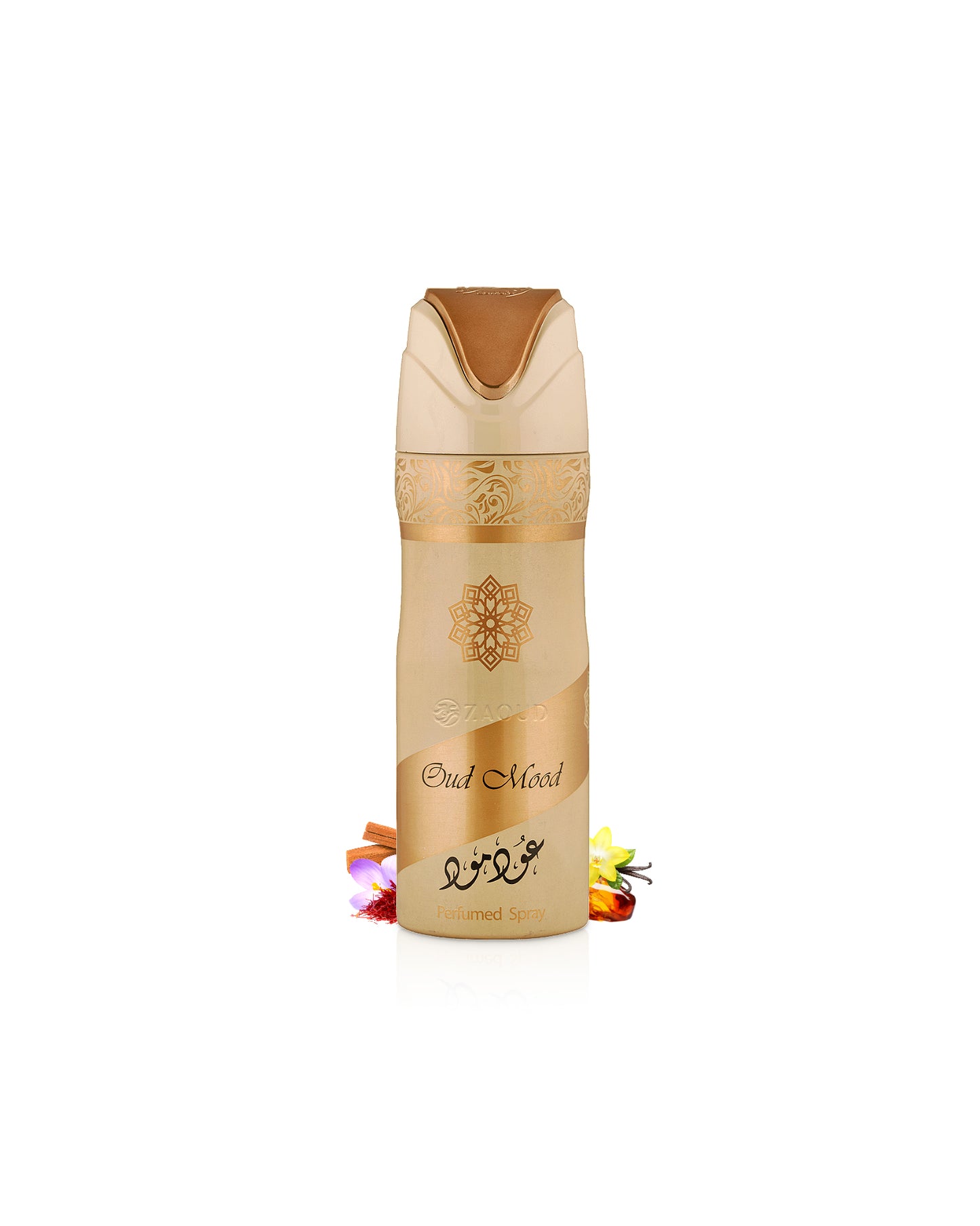 lattafa oud mood deodorant bottle surrounded with fragrance notes like saffron and amber shows against white background
