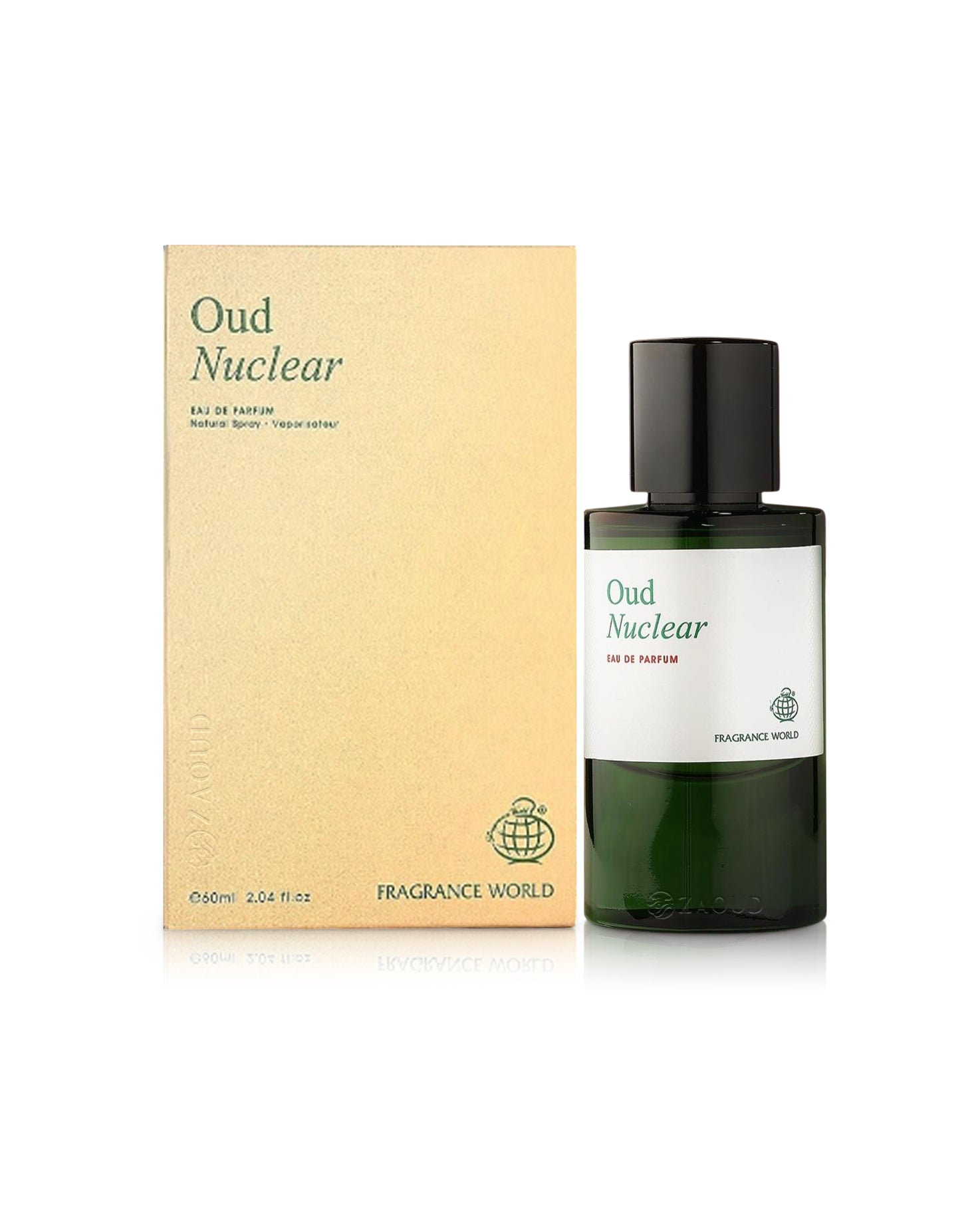 oud nuclear perfume bottle shows beside its box against white background