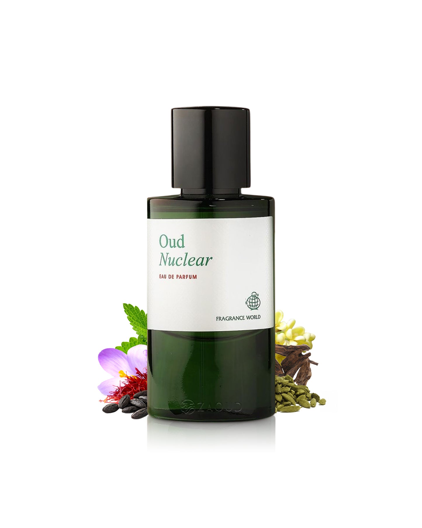 oud nuclear perfume bottle surrounded with fragrance notes like saffron and cardamom shows against white background