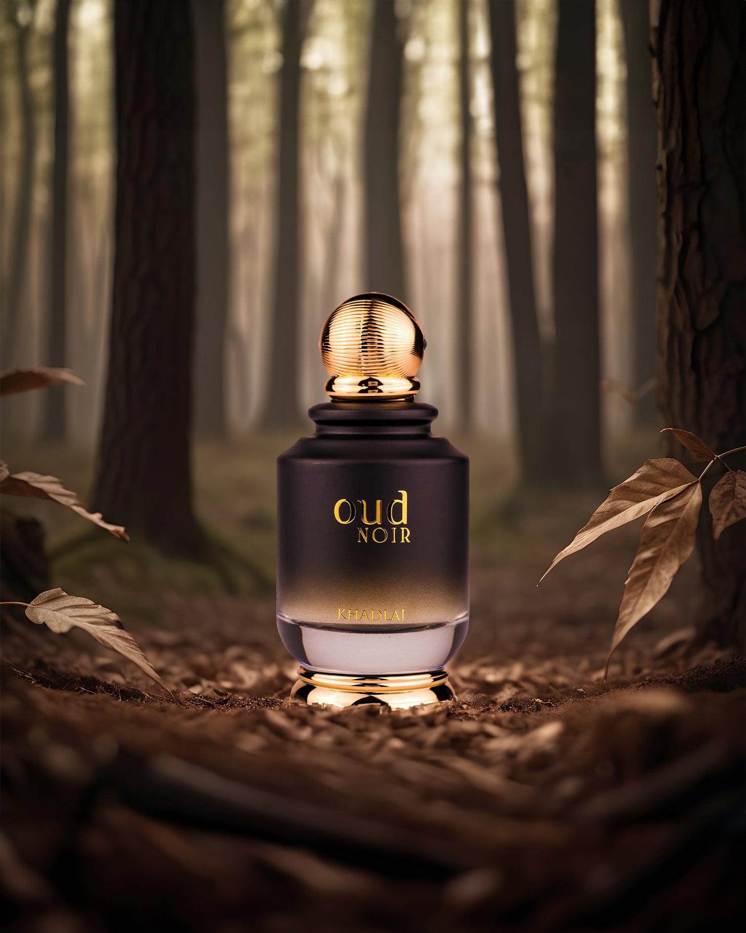 Oud noir edp perfume bottle photograph between woody jungle