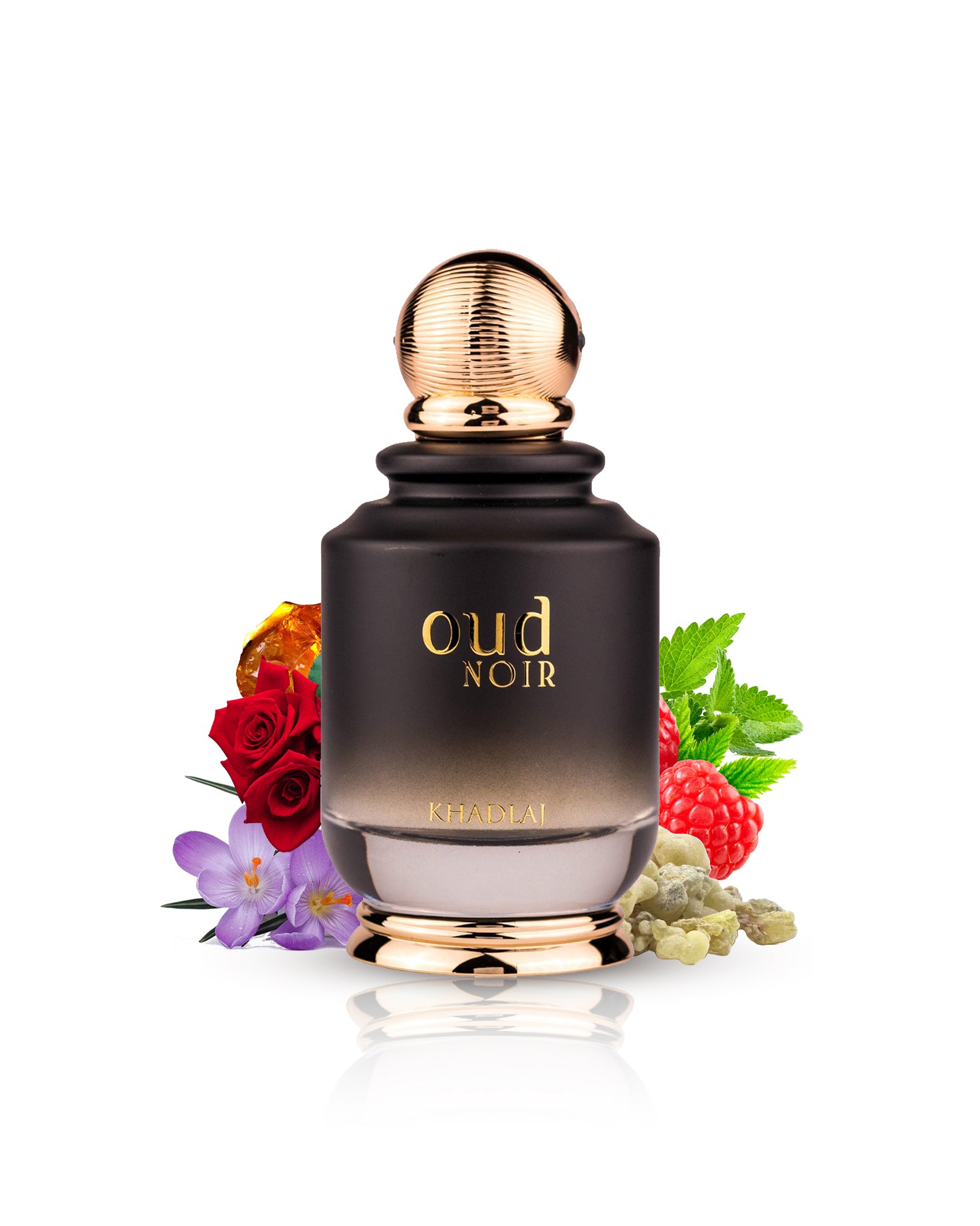 Oud noir edp perfume bottle surrounded by saffron rose against white background