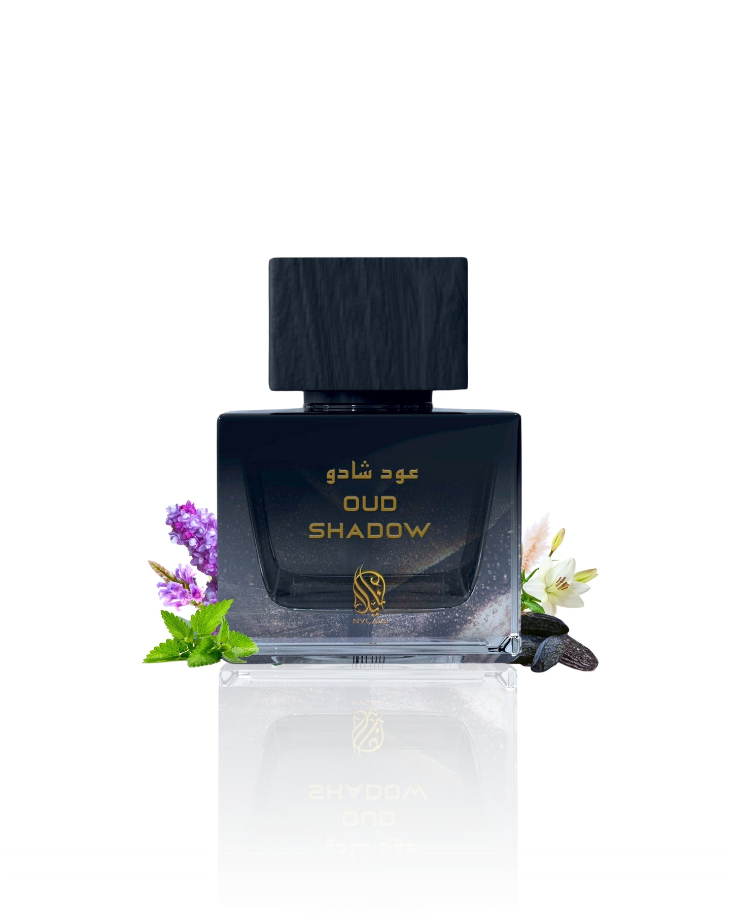 Oud shadow perfume bottle patchouli tonka against white background