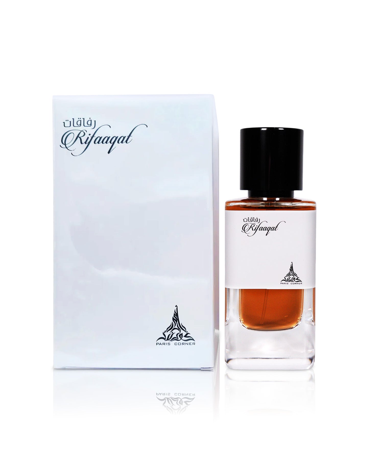 paris corner Rifaqal perfume bottle and packaging on a white background