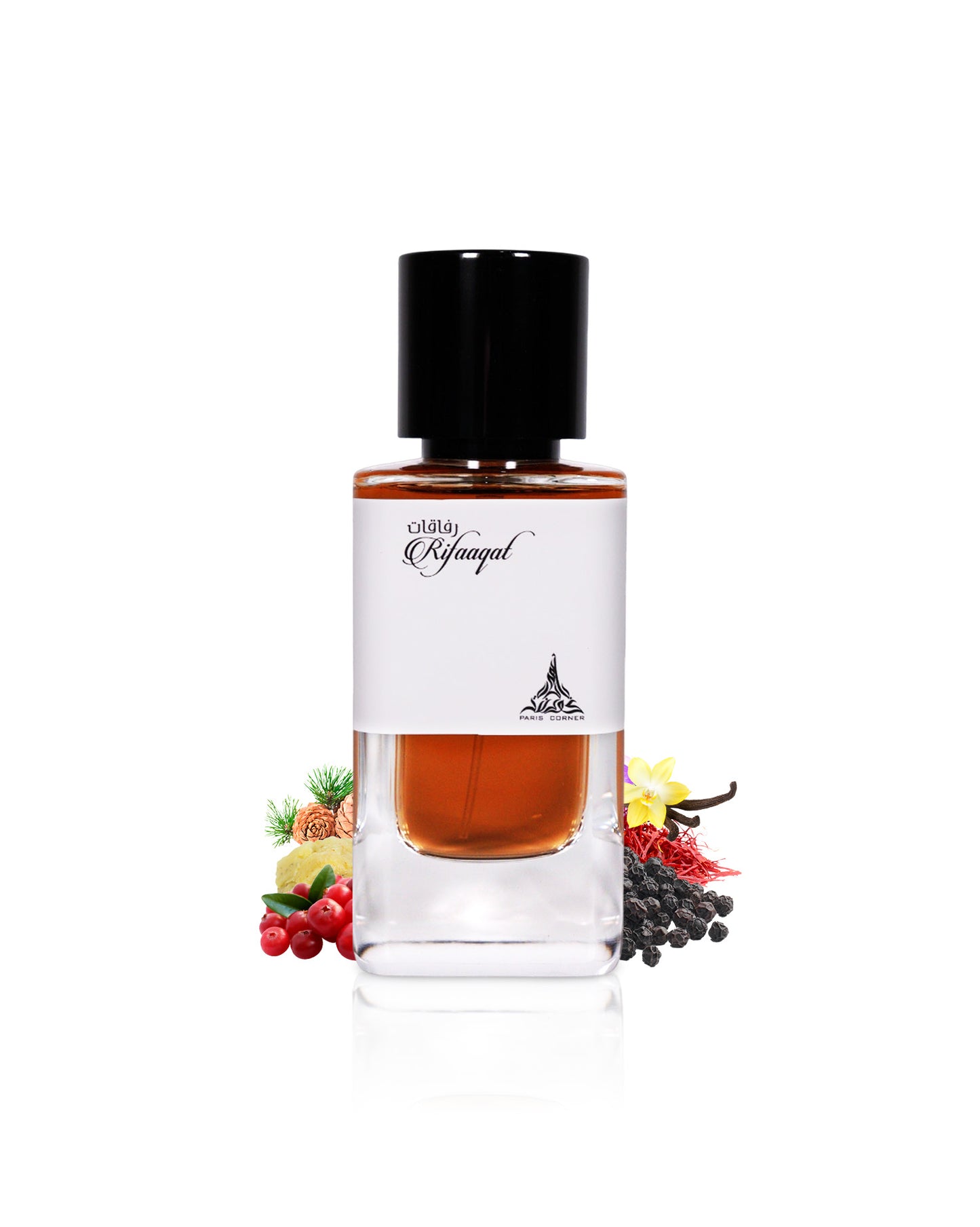 paris corner rifaaqat perfume bottle surrounded by fragrance notes like pepper and vanilla shows against white background