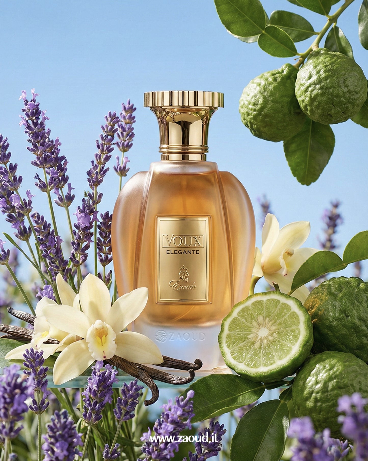 Perfume bottle with floral and fruit elements on a blue background