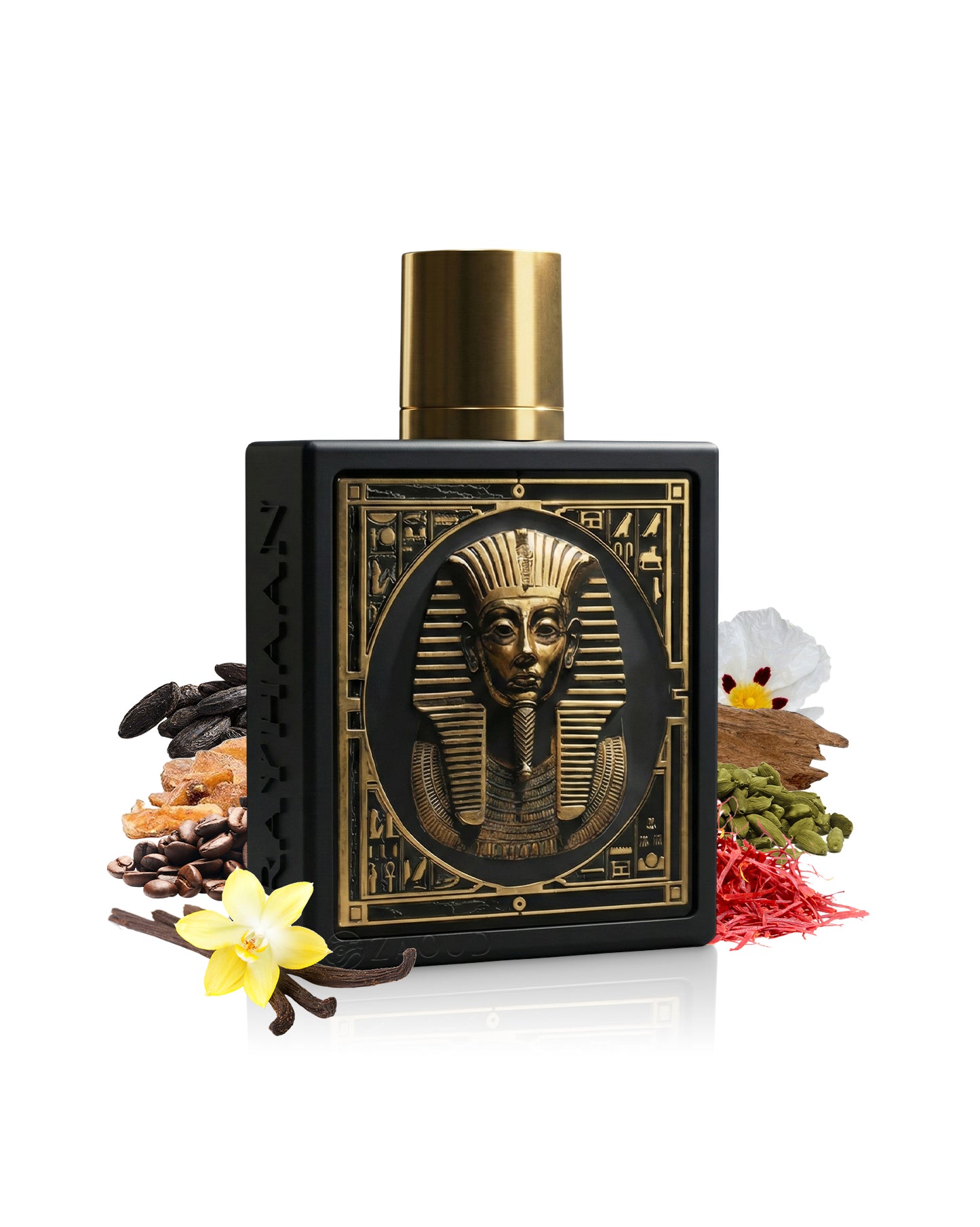 Perfume bottle with decorative packaging featuring a pharaoh's face, surrounded by spices and flowers on a white background.
