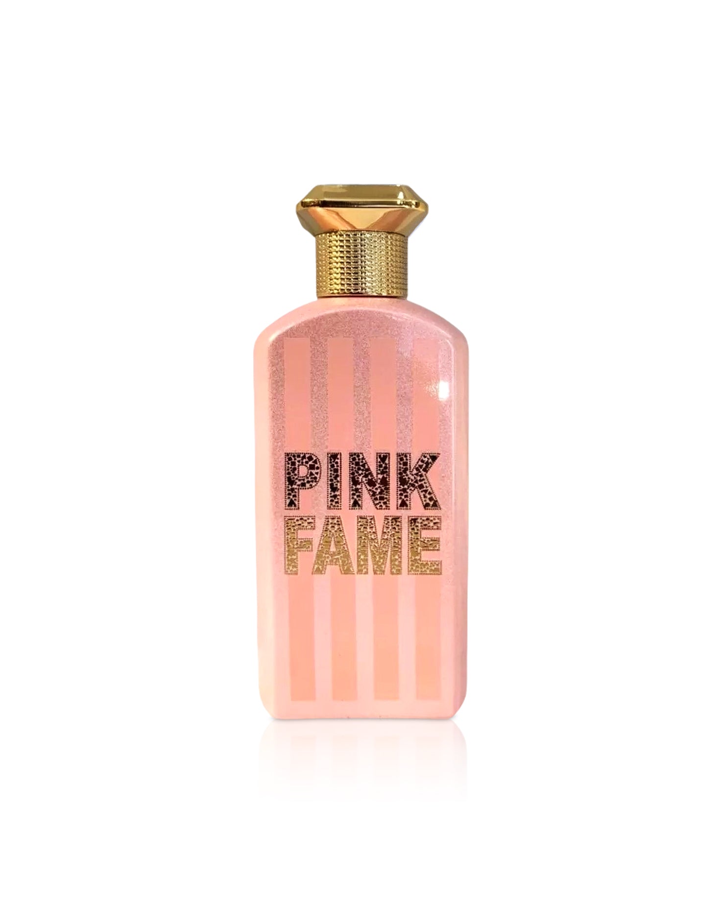 Fragrance world Pink FAME perfume bottle labeled 'Pink Fame' on a white background