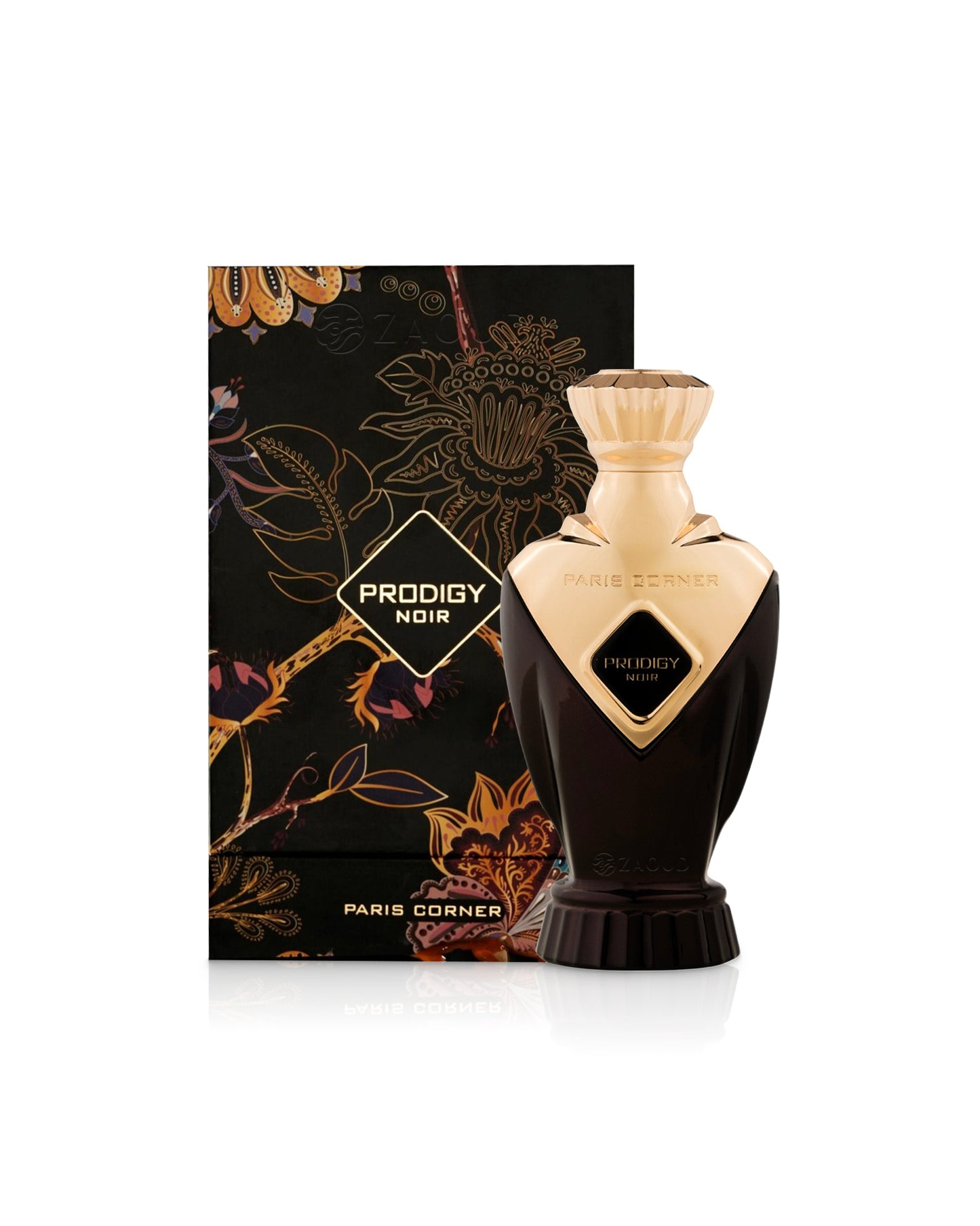 paris corner prodigy noir perfume bottle shows beside its box against white background