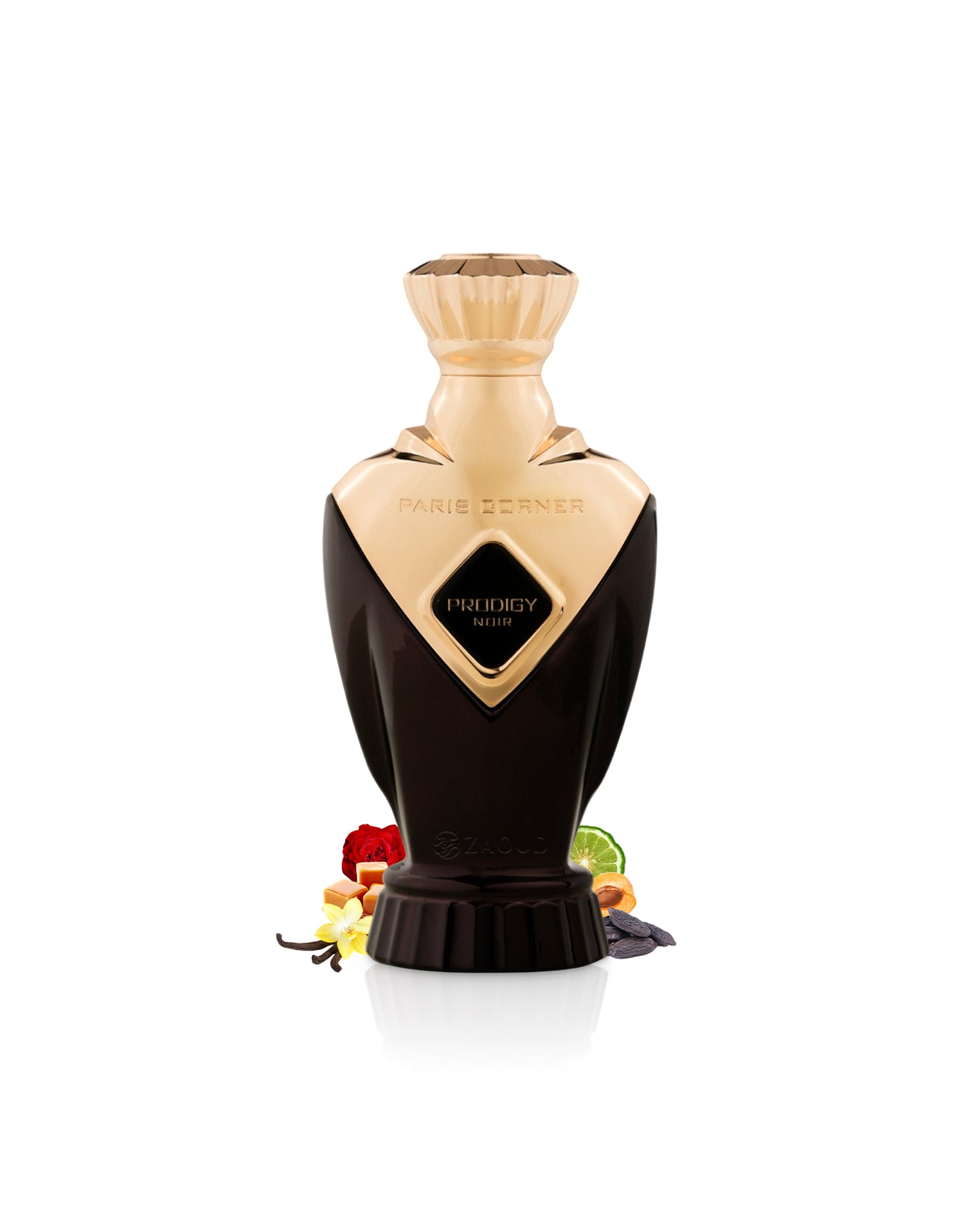 paris corner prodigy noir perfume bottle surrounded with fragrance notes like vanilla and caramel shows against white background