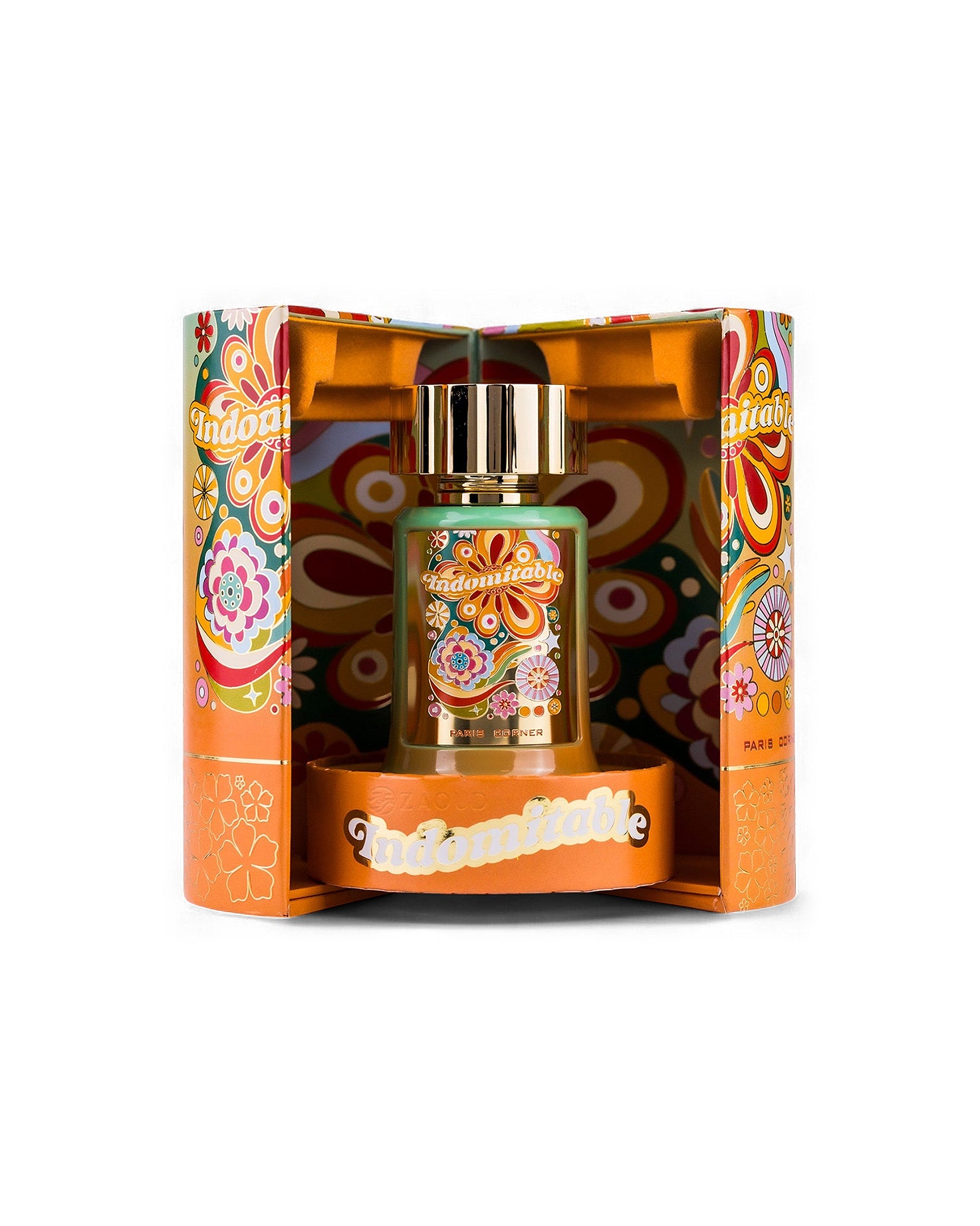 paris corner indomitable perfume bottle shows inside its box against white background