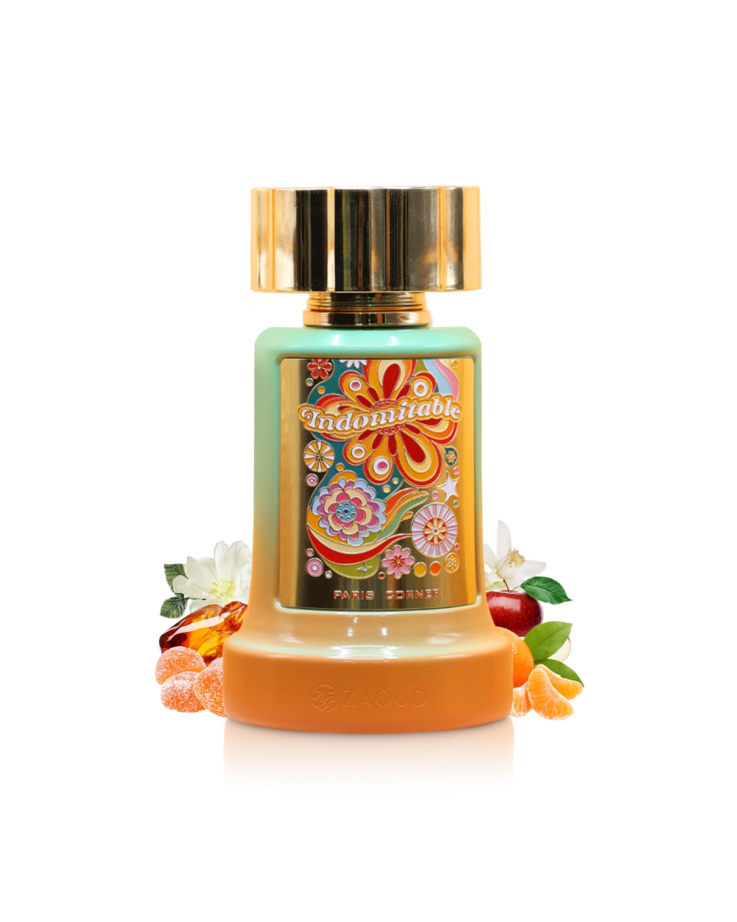 paris corner indomitable perfume bottle surrounded with fragrance notes like orange and apple  shows against white background