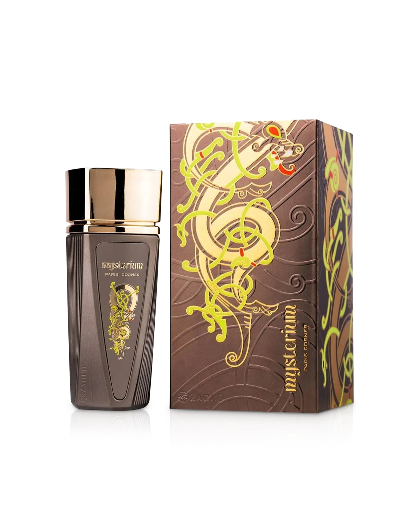 paris corner mysterium perfume bottle shows beside its box against white background