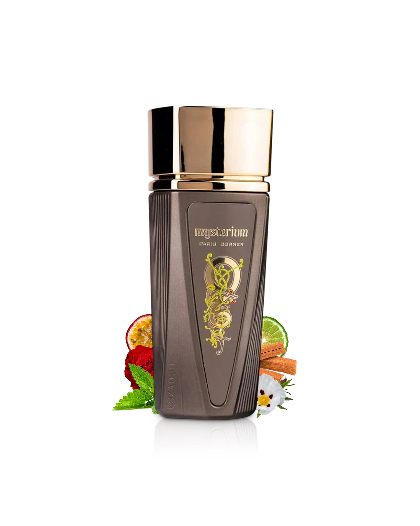 paris corner mysterium perfume bottle surrounded with fragrance notes like labdanuma nd rose shows against white background