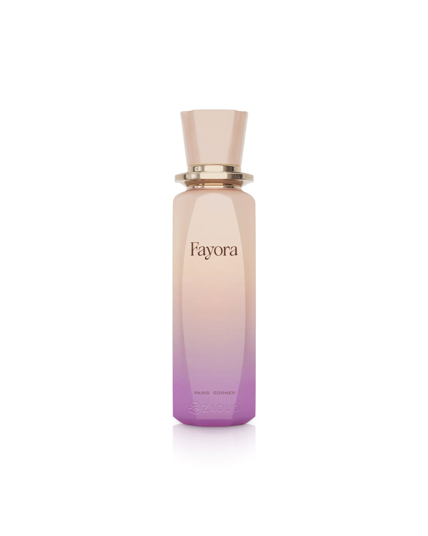 paris corner fayora Gradient pink to purple perfume bottle with 'Fayora' branding on a white background