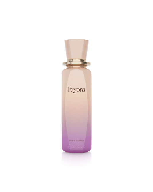 paris corner fayora Gradient pink to purple perfume bottle with 'Fayora' branding on a white background