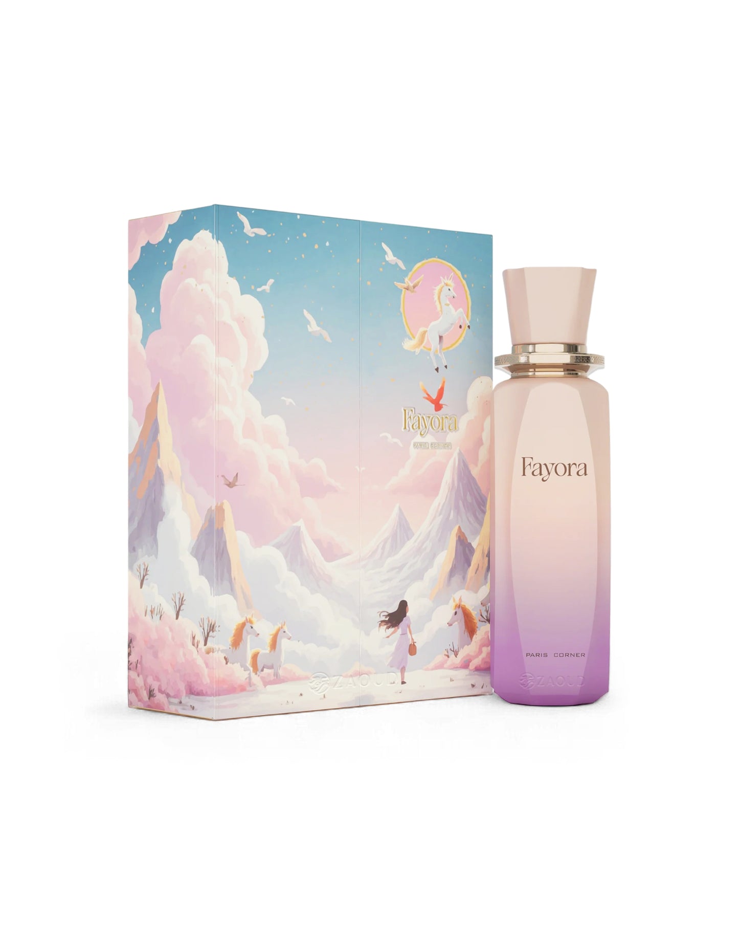 paris corner fayora perfume bottle and packaging with a colorful design on a white background