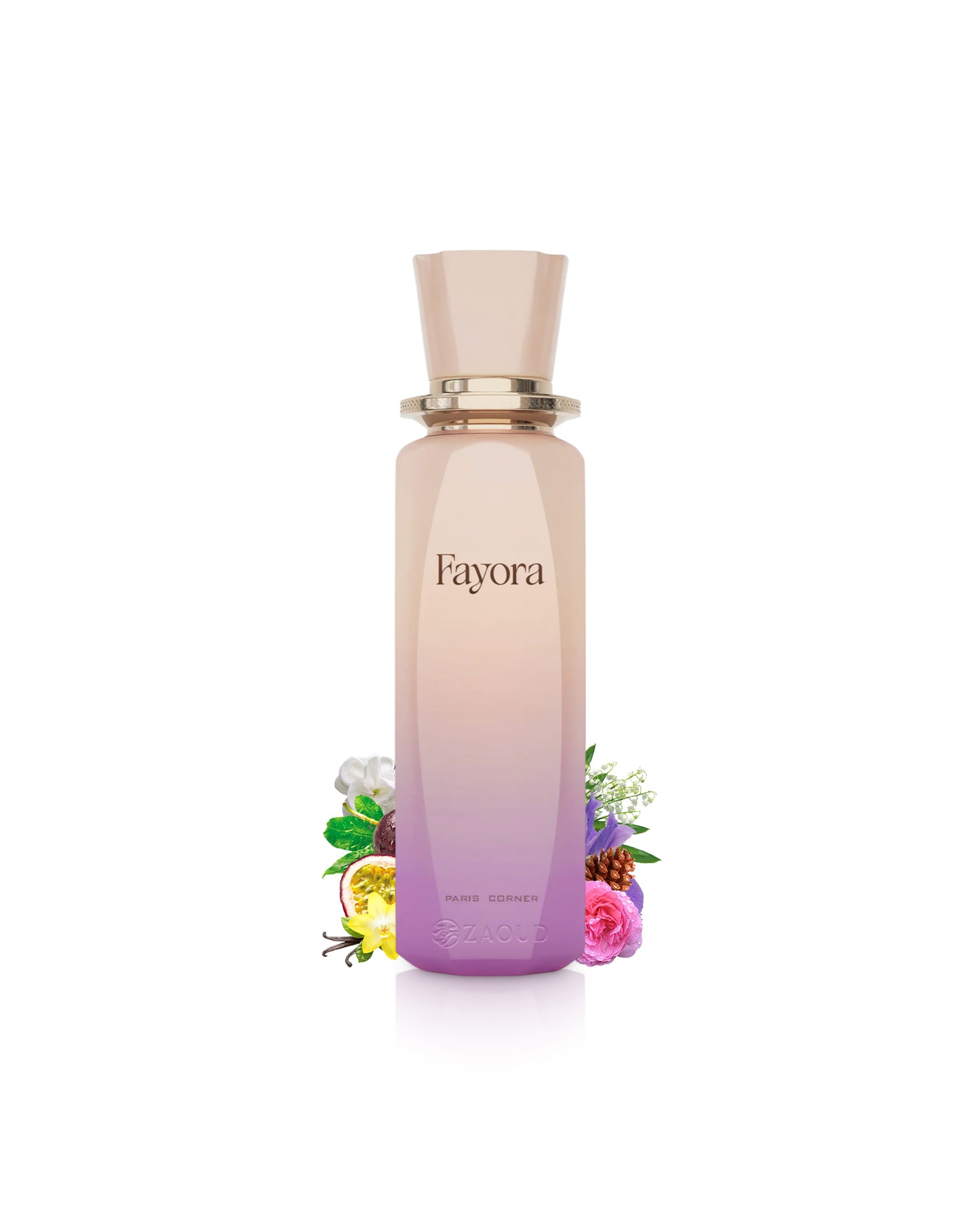 paris corner fayora perfume bottle with floral elements like rose and passionfruit on a white background