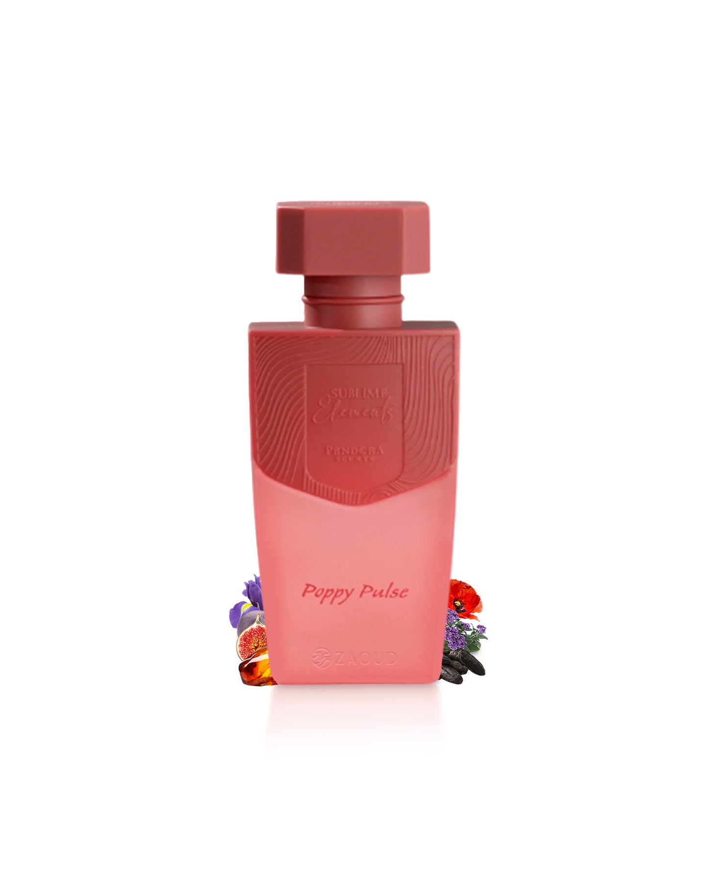 poppy pulse perfume bottle surrounded with fragrance notes like fig and tonka shows against white background