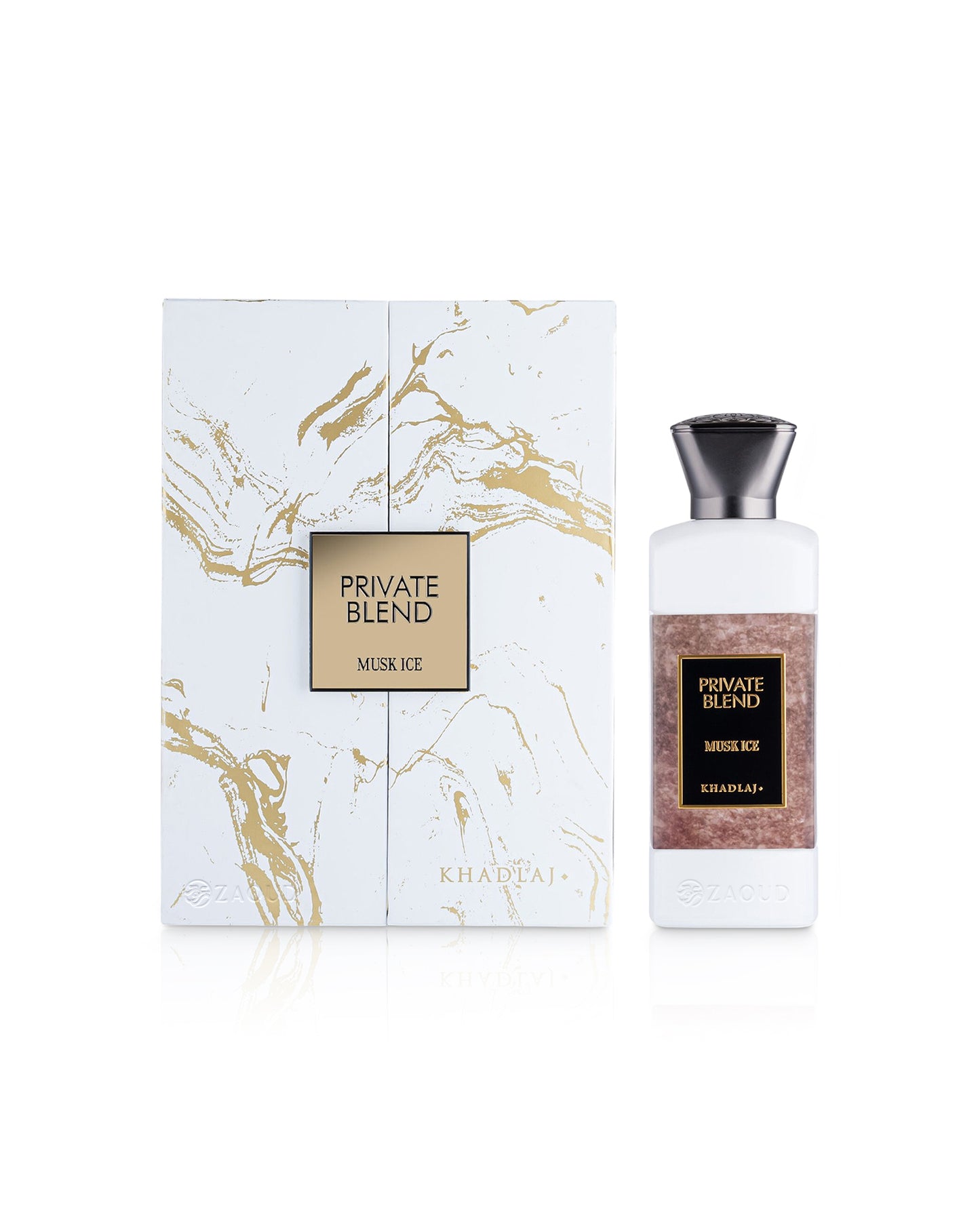 khadlaj private blend musk ice perfume bottle shows beside its box against white background