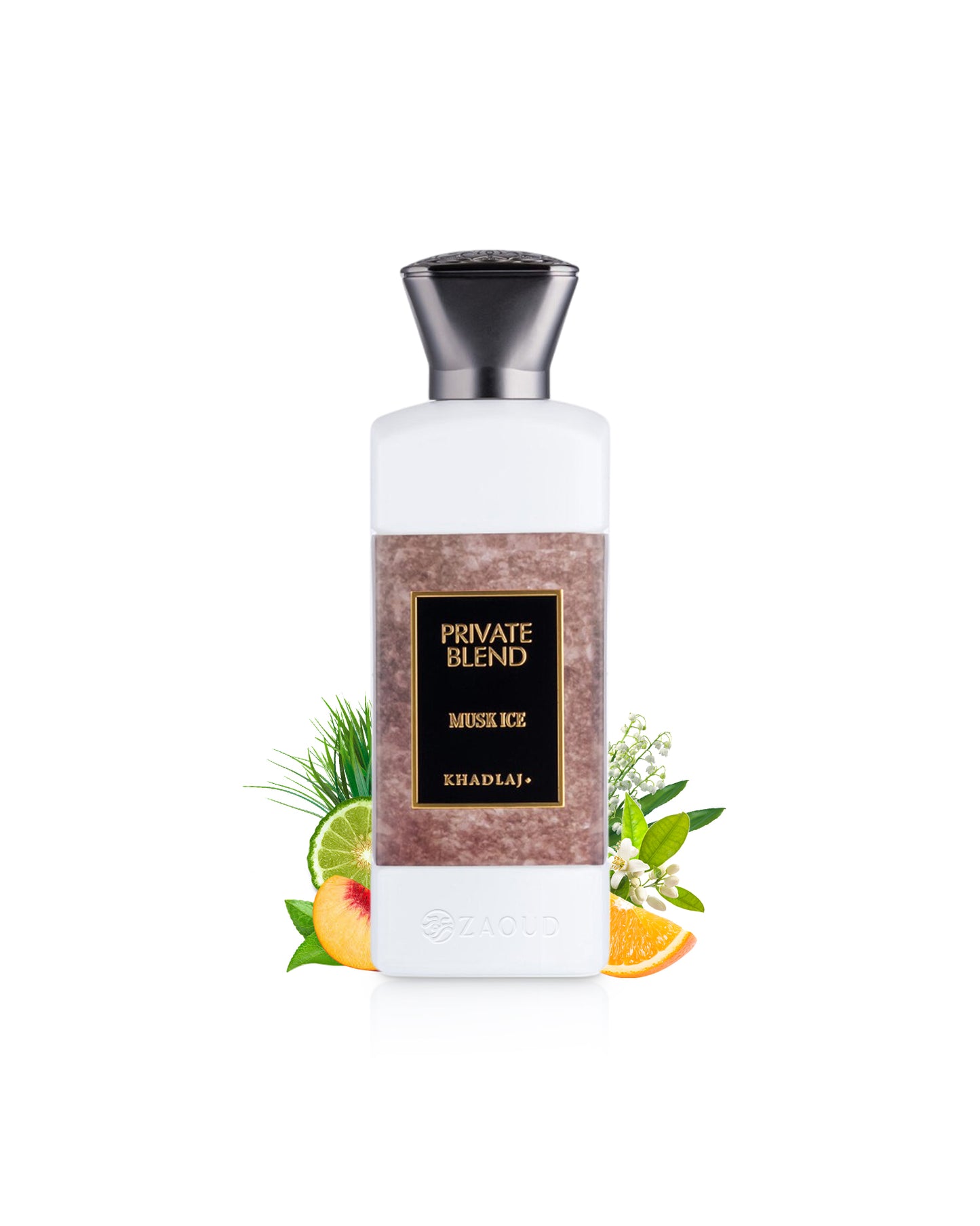 khadlaj private blend musk ice perfume bottle surrounded with fragrance notes like peach and orange shows against white background