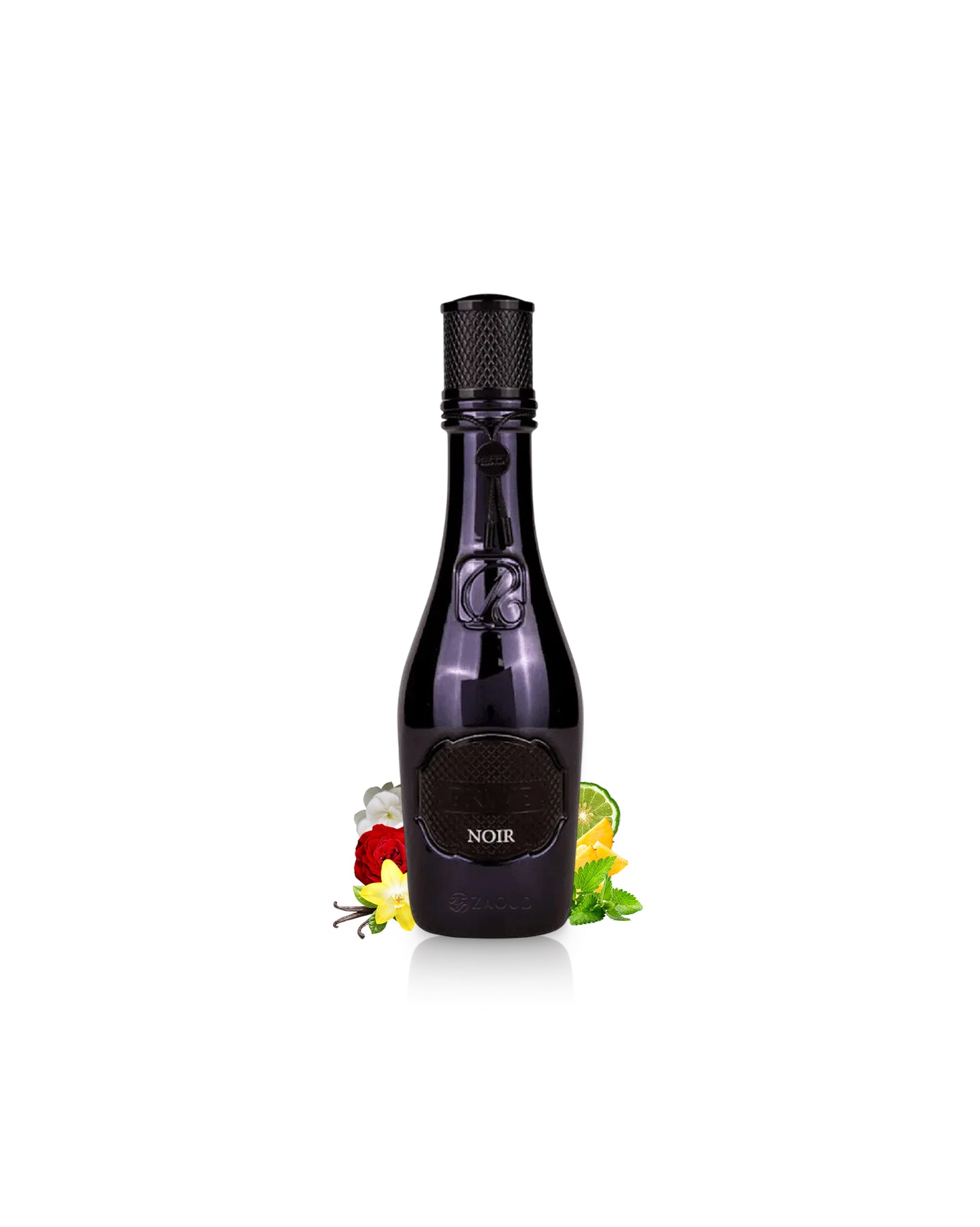 riiffs prive noir perfume bottle surrounded with fragrance notes like vanilla and fruits shows against white background