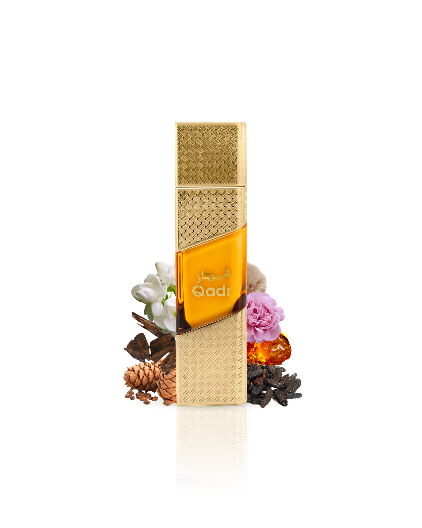 qadr aqua parfum by naseem perfume bottle surrounded with its ingredients like tonka beans and amber with many others shows from behind the bottle against white background