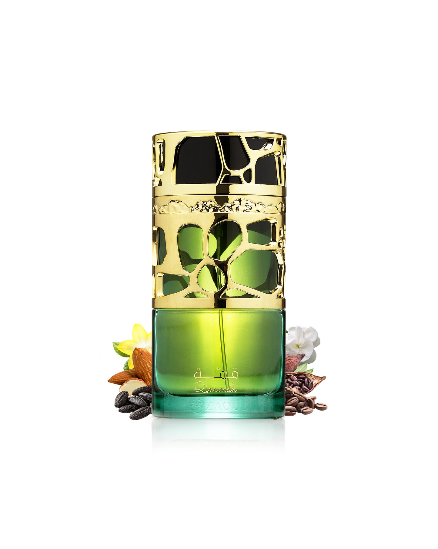 LATTAFA qimmah for women perfume bottle surrounded with fragrance notes like tonka and almond shows against white background