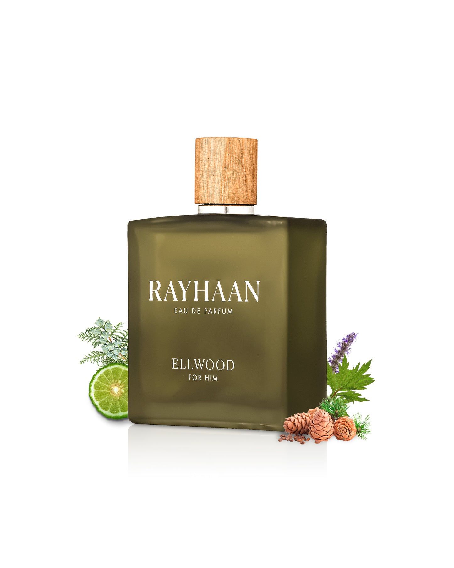 Rayhaan ellwood perfume bottle surrounded with its ingredients like citrus and pine with lavender shows from behind the bottle against white background