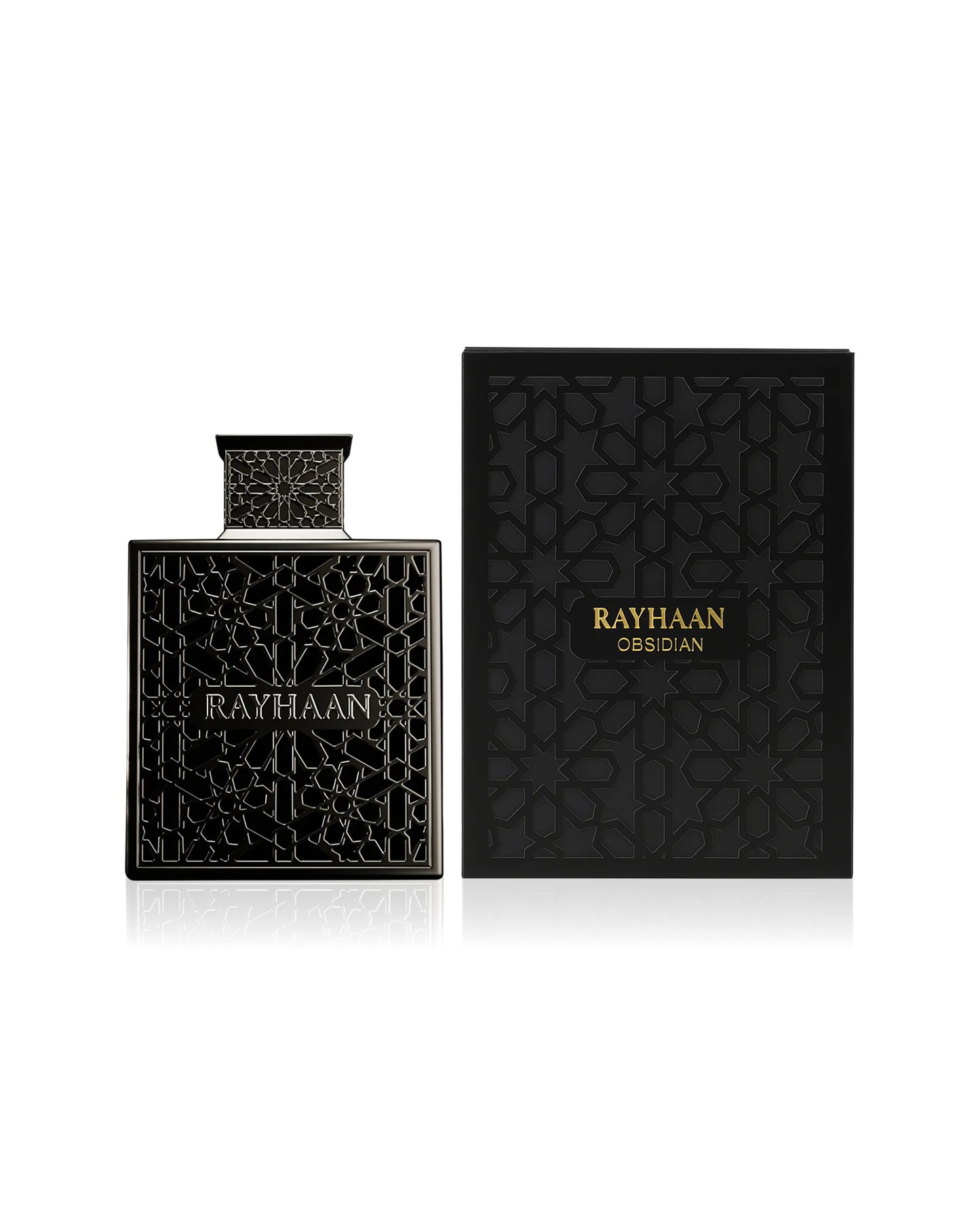 rayhaan obsidian perfume bottle shows beside its packaging against white background