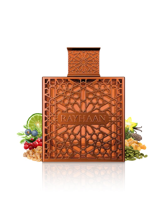 Rayhaan vantage perfume bottle with intricate geometric cutout patterns and the brand name 'RAYHAAN' embossed on the front, styled with botanical ingredients like lime, berries, ginger, and flowers on a white background with a reflection.