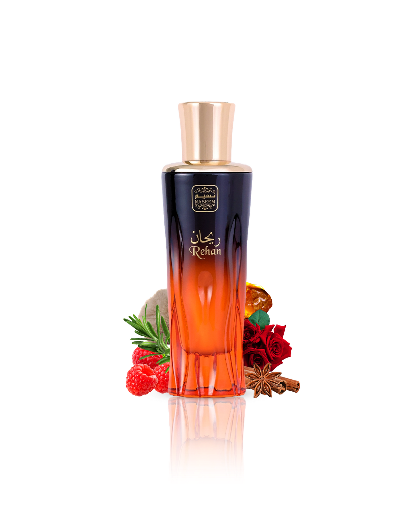 rehan aqua parfum by naseem perfume bottle surrounded with raspberry and rose with many more shows from behind the bottle against white background
