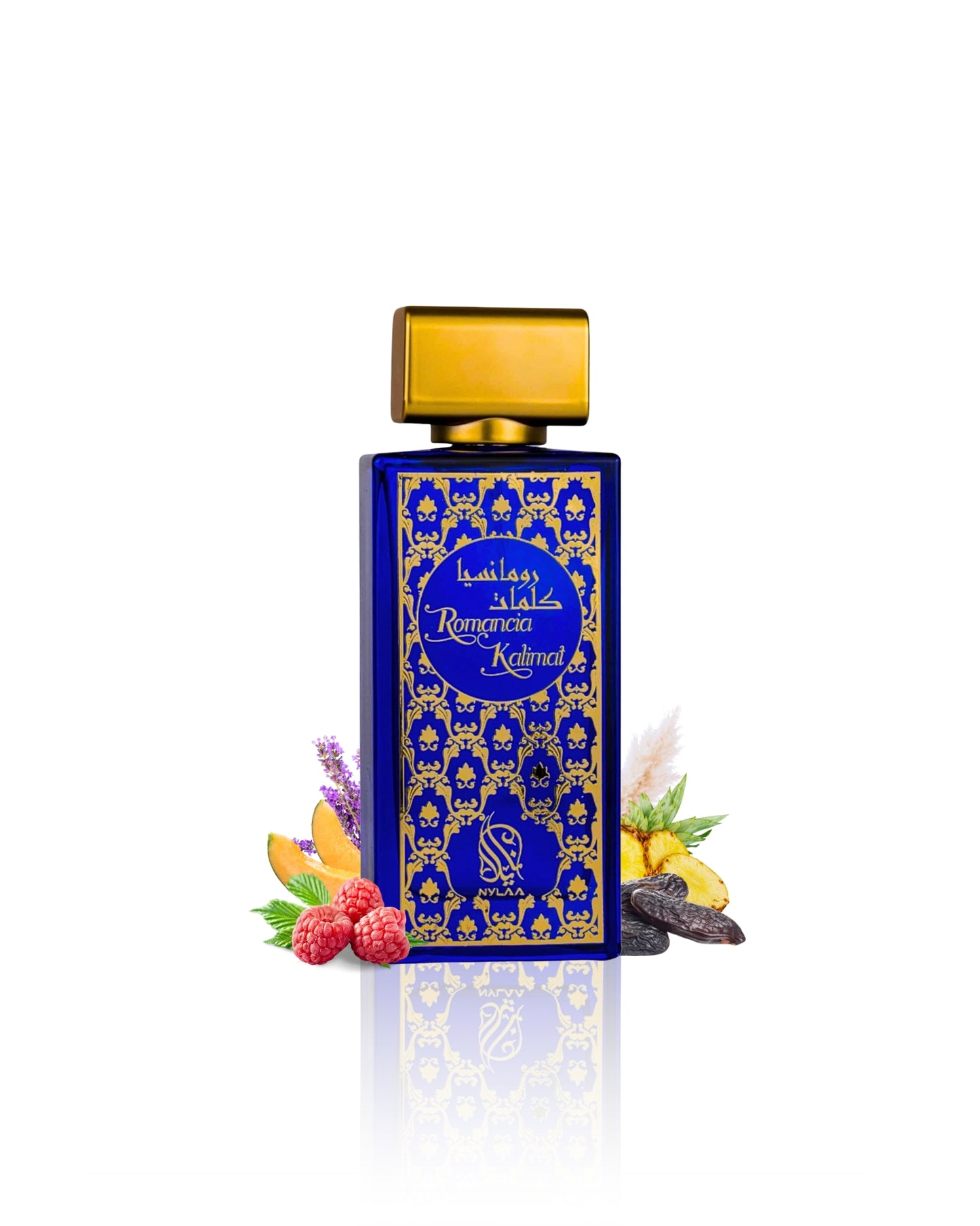 Romancia kalimat edp perfume bottle surrounded by raspberry tonka against white background