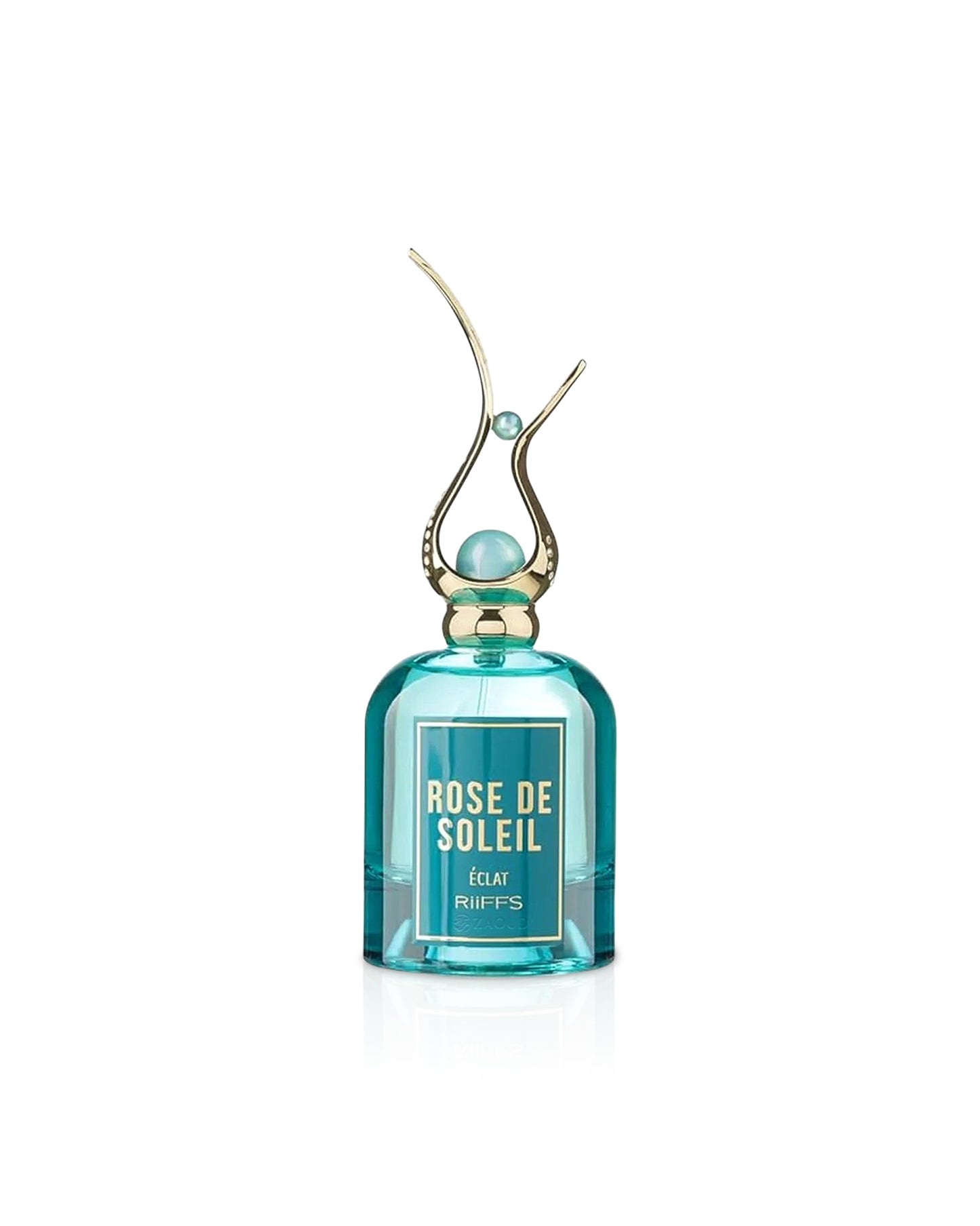 Perfume bottle labeled 'Rose de Soleil' on a white background