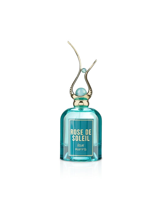 Perfume bottle labeled 'Rose de Soleil' on a white background