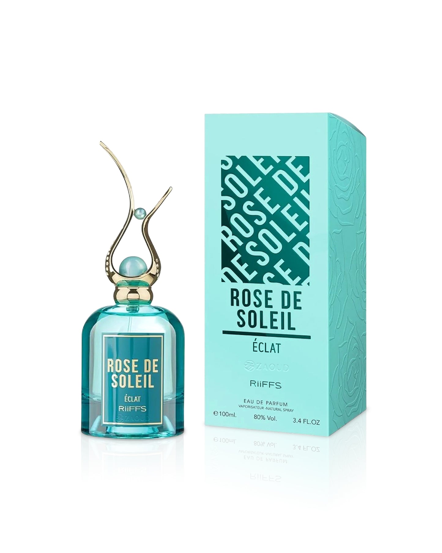 Rose de Soleil perfume bottle and packaging beside on a white background