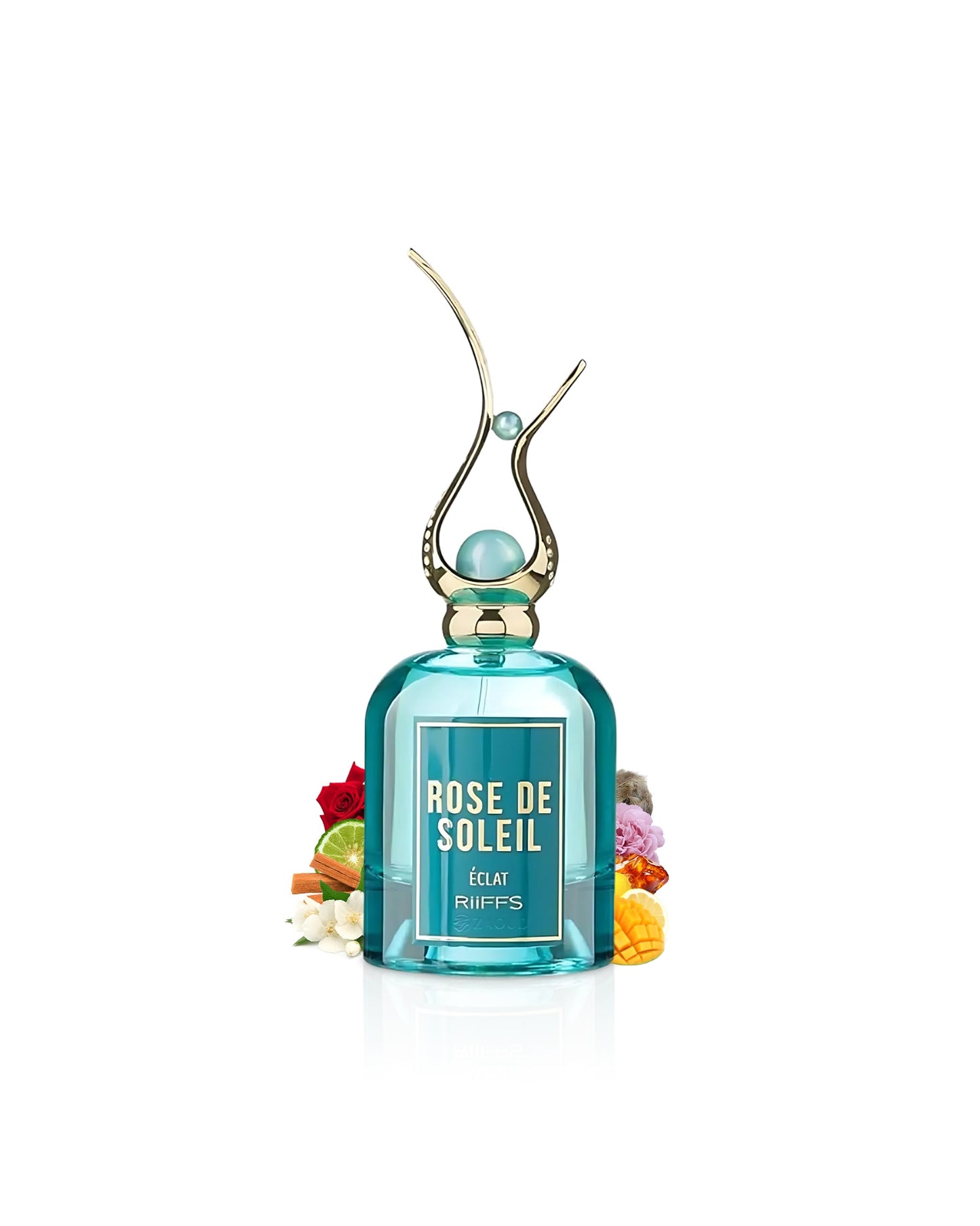 Rose de Soleil perfume bottle with decorative elements like mango and jasmine on a white background