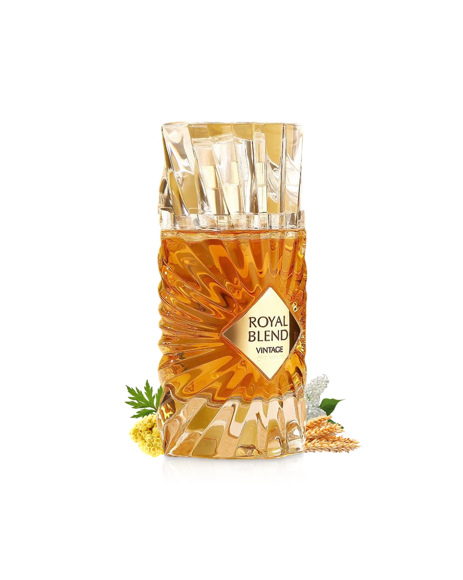 french avenue royal blend vintage perfume bottle surrounded with fragrance notes like wheat shows against white background