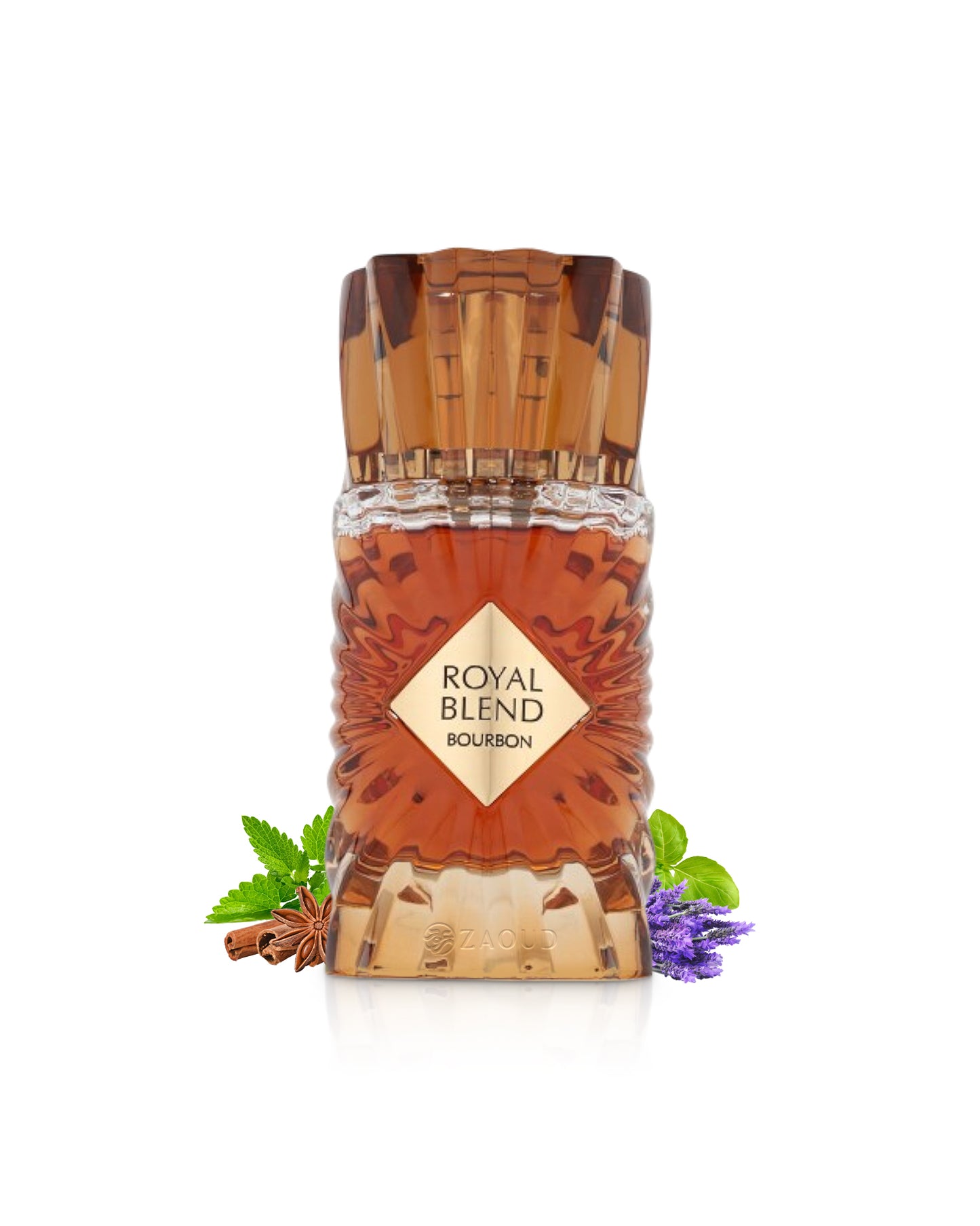 royal blend bourbon perfume bottle surrounded with fragrance notes like cinnamon and lavender shows against white background