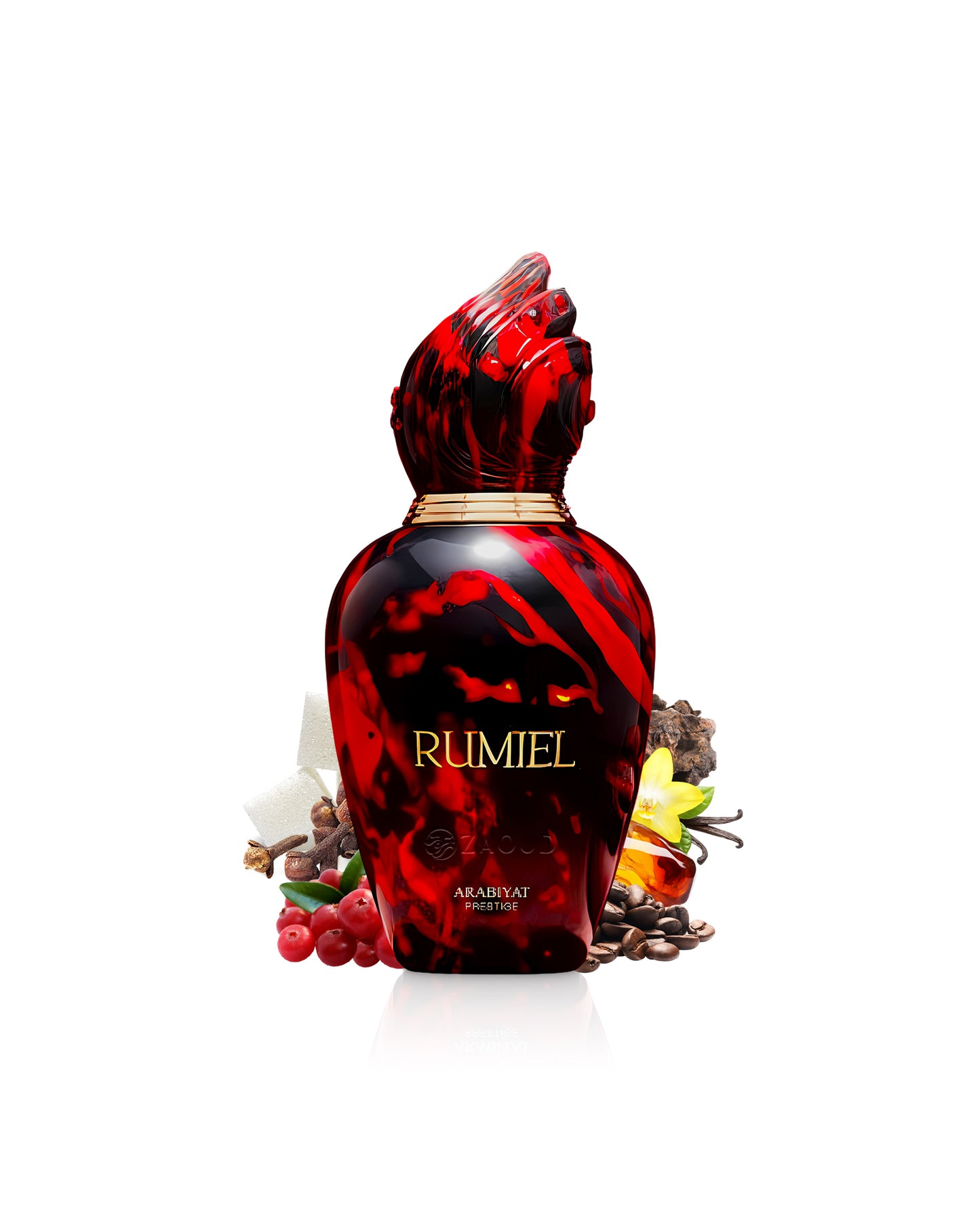 rumiel arabiyat prestige perfume bottle surrounded by fragrance notes like pink pepper and coffshows against white backgrounde