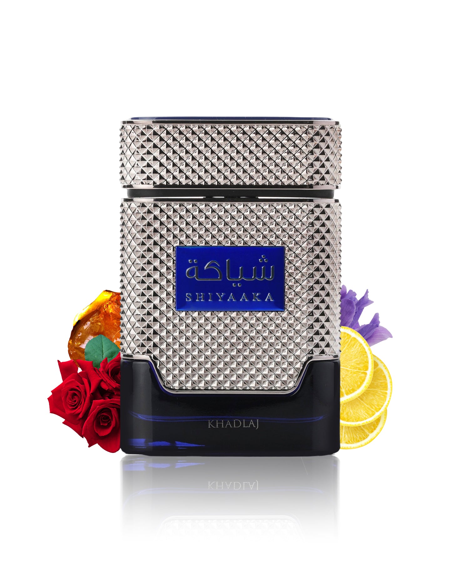 SHIYAAKA BLUE perfume bottle surrounded by rose and lemon against white background